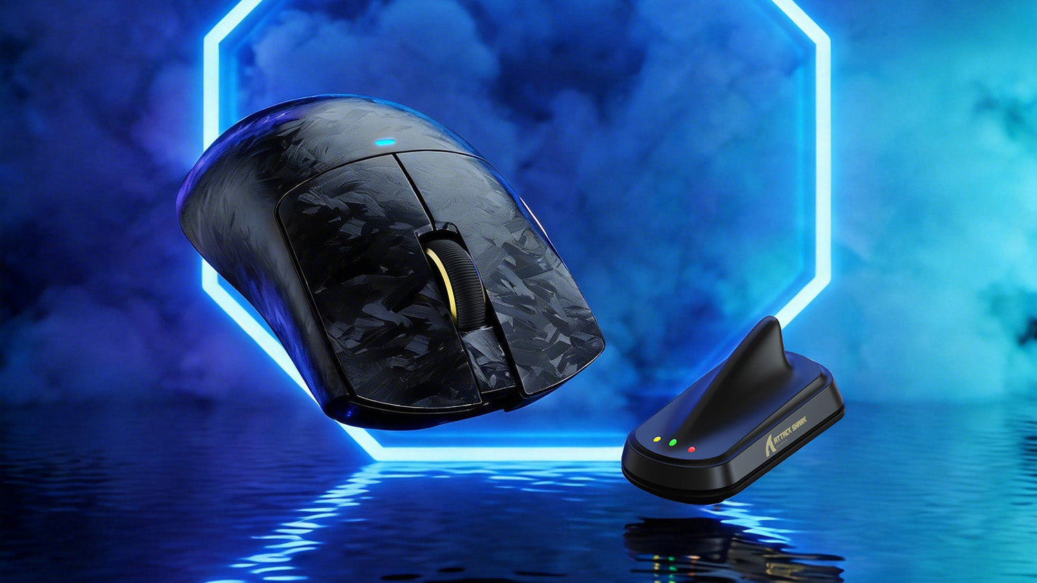 Carbon fiber patterned gaming mouse and its wireless receiver against a neon blue background.