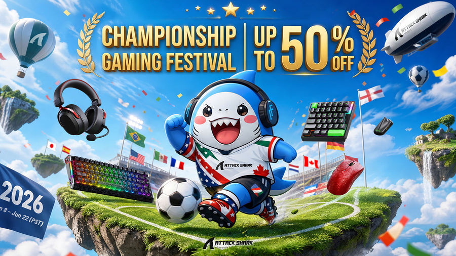 Championship Gaming Festival 2026 banner featuring ATTACK SHARK gaming gear, football visuals, and up to 50% off promotion