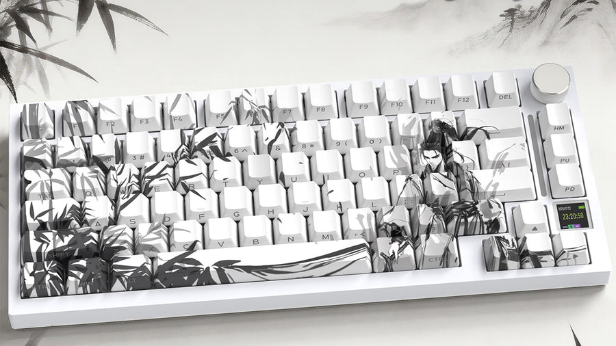 ATTACK SHARK white mechanical gaming keyboard with ink art keycaps, knob, and display