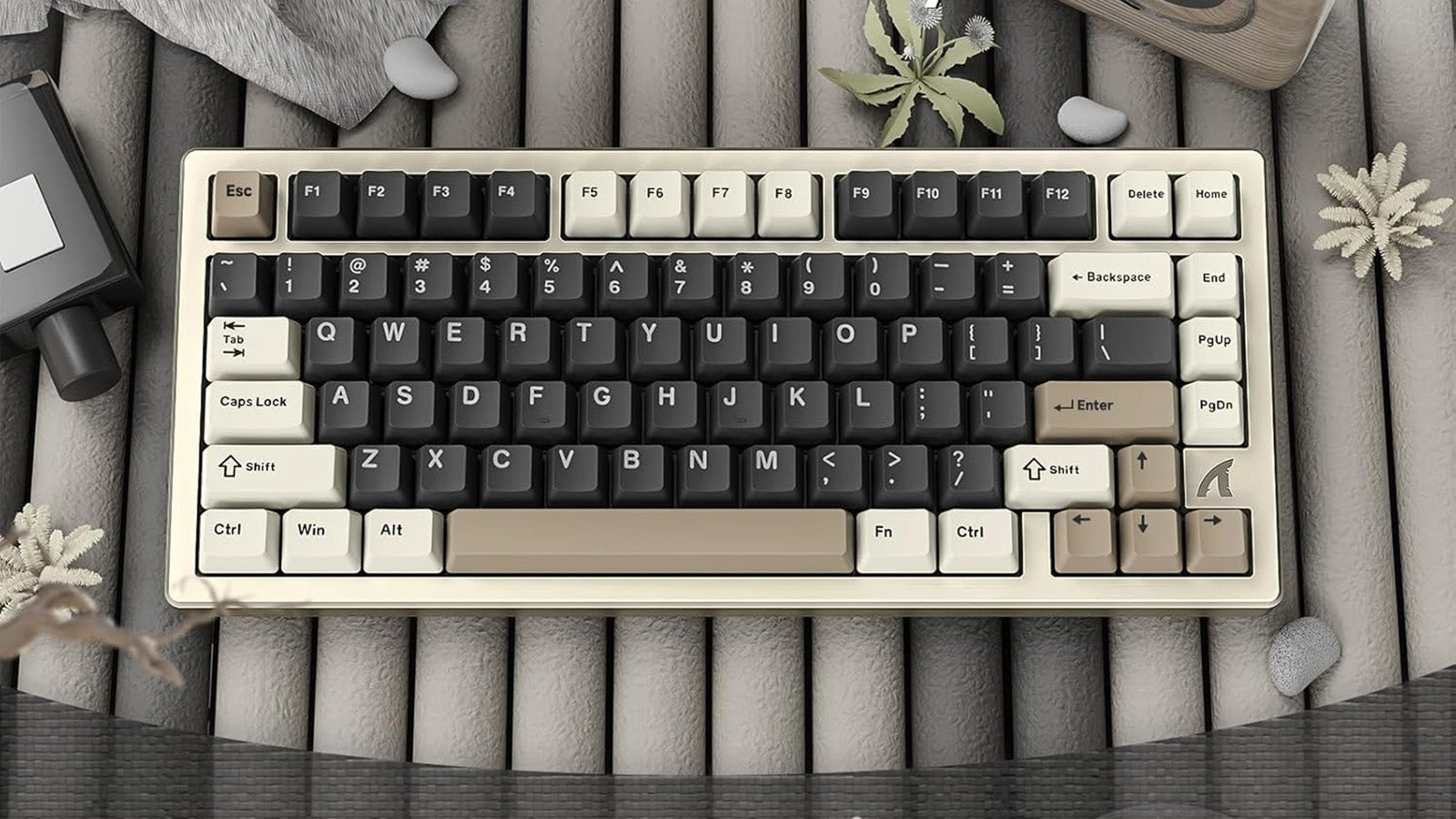 A white mechanical keyboard with black and beige keycaps is displayed on a wooden surface.