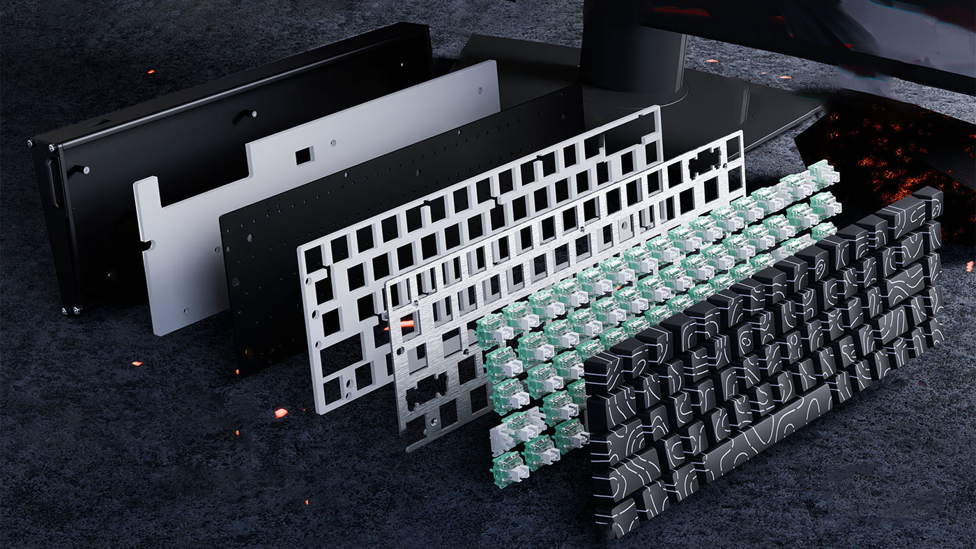 Exploded view of a mechanical keyboard showing the keycaps, switches, plate, foam layers, and case