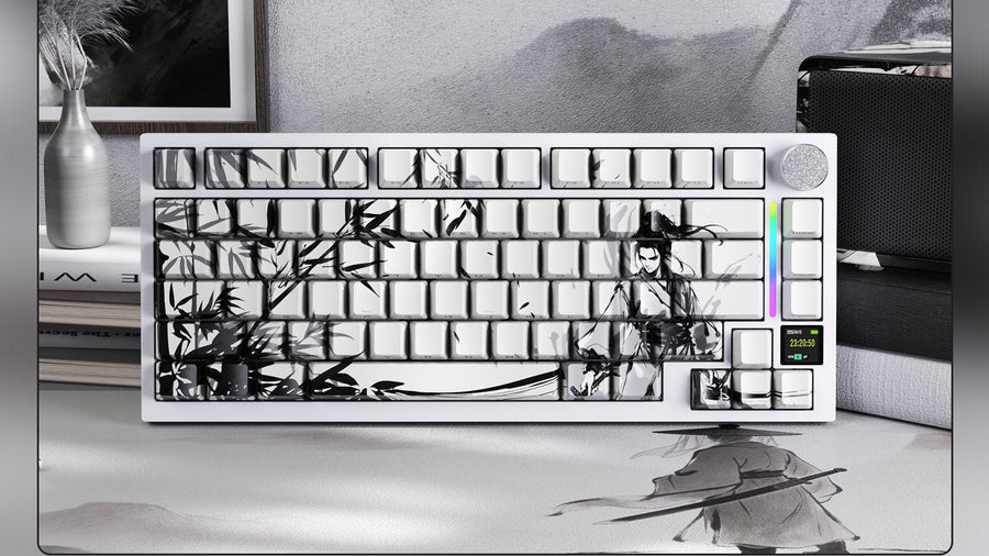 A white mechanical keyboard featuring custom black-and-white ink wash style keycaps with a bamboo and warrior design, equipped with a volume knob and a small digital screen on the right side