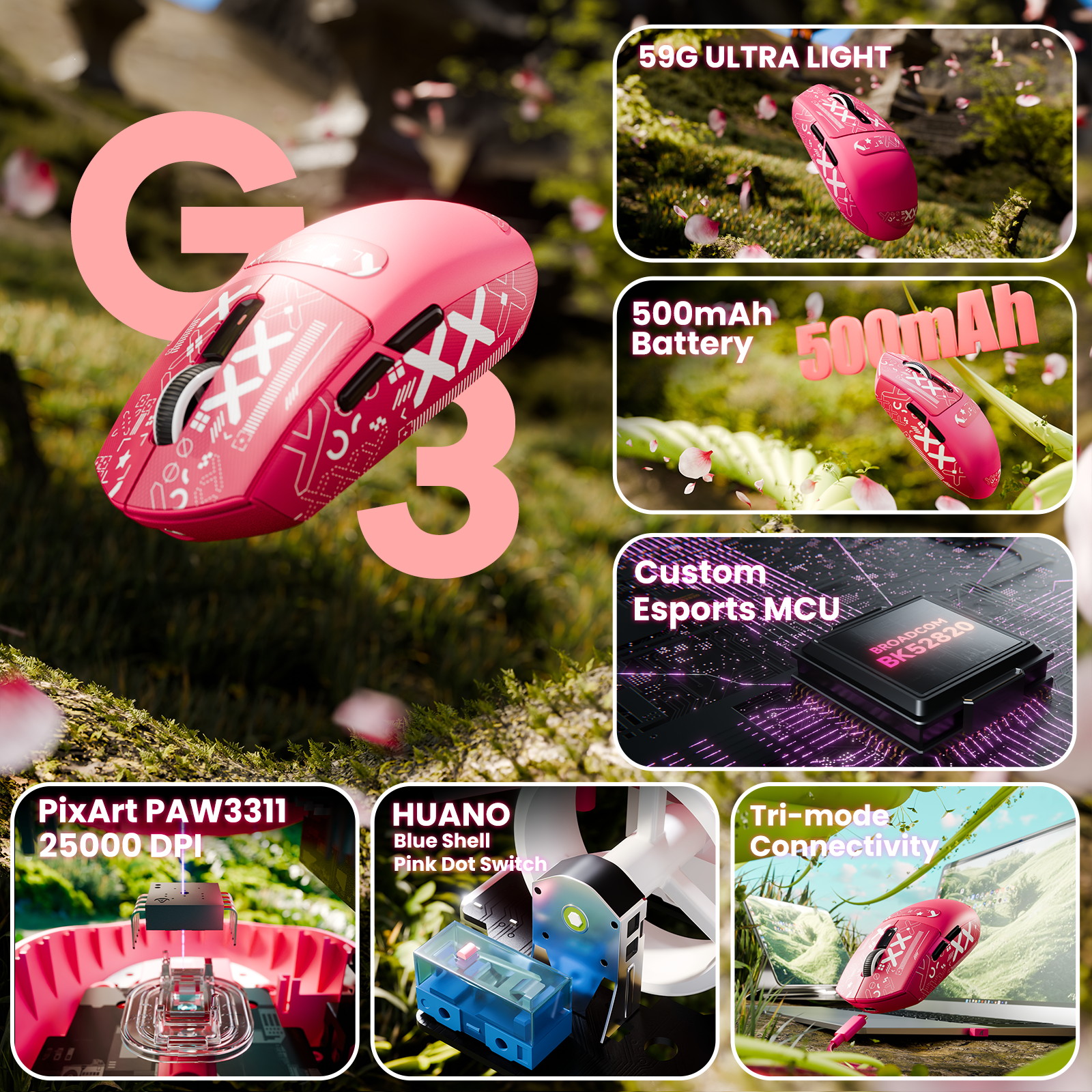 Souris de jeu sans fil tri-mode ATTACK SHARK G3 25 000 DPI ultra légère