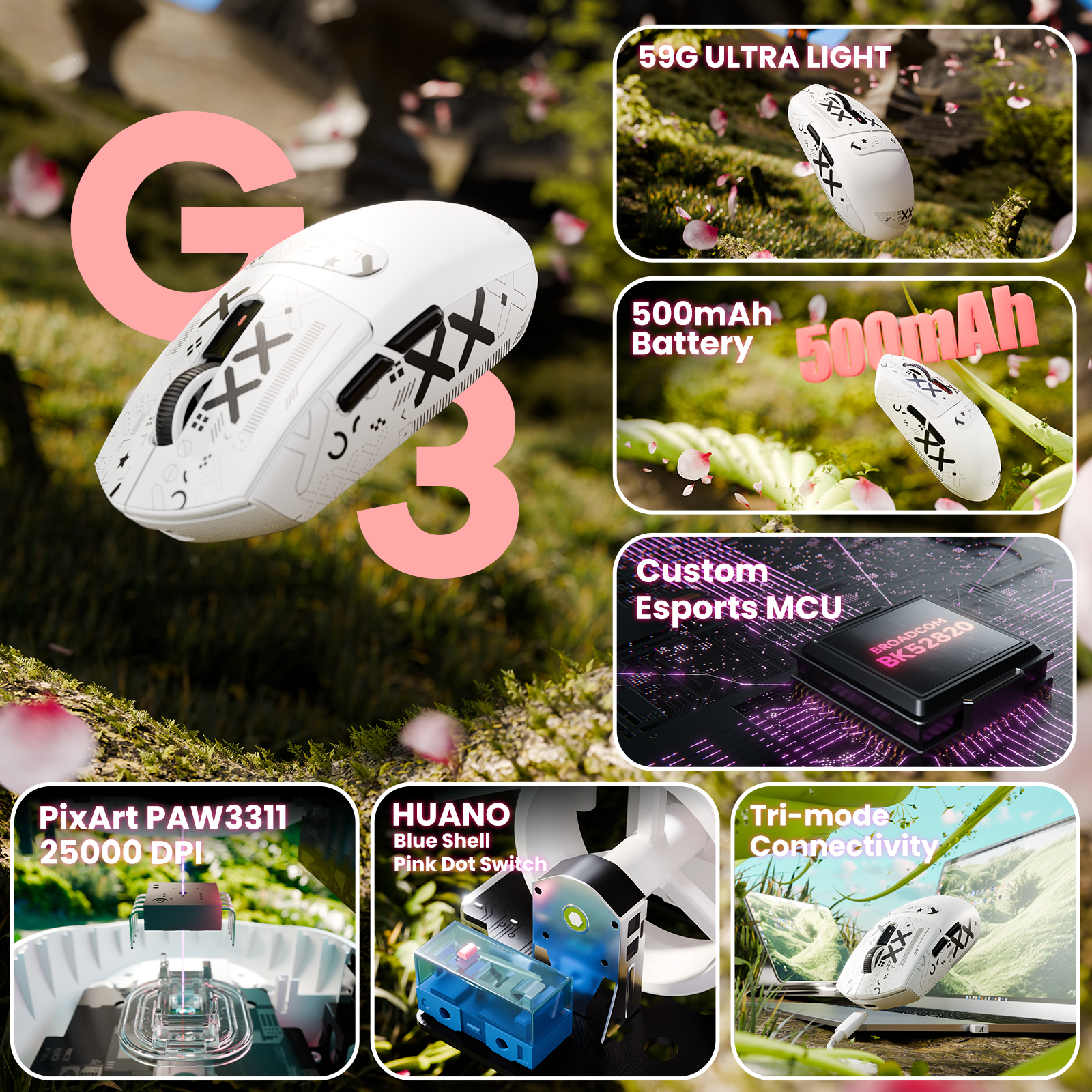 Souris de jeu sans fil tri-mode ATTACK SHARK G3 25 000 DPI ultra légère