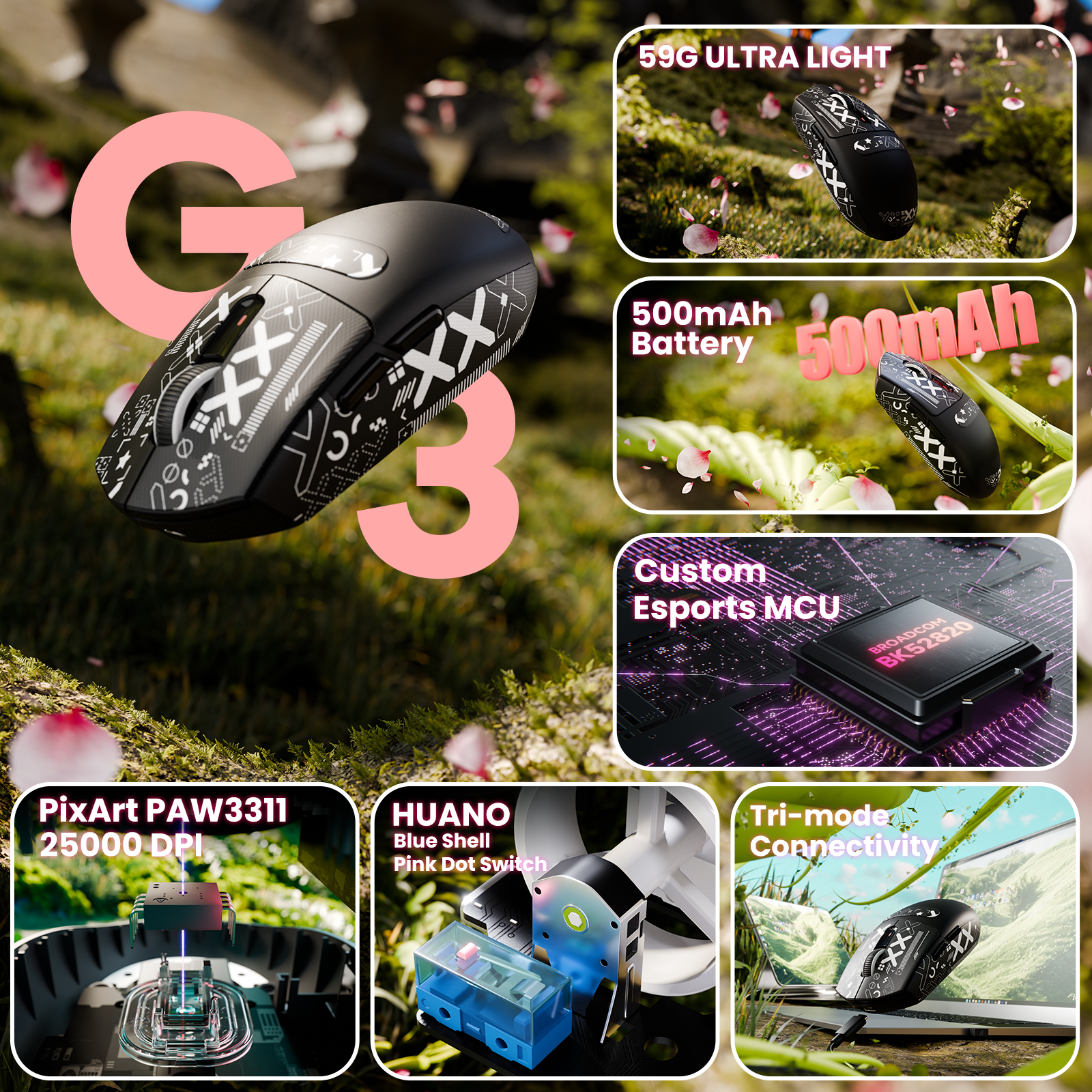 Souris de jeu sans fil tri-mode ATTACK SHARK G3 25 000 DPI ultra légère