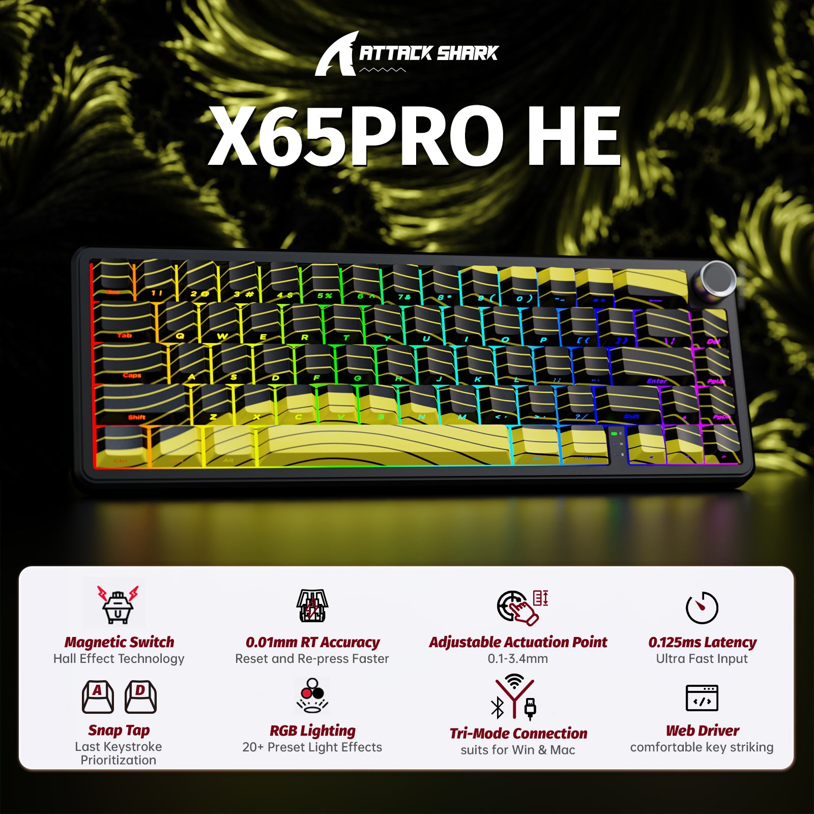 ATTACK SHARK X65PRO HE Clavier à déclenchement rapide sans fil avec switch magnétique
