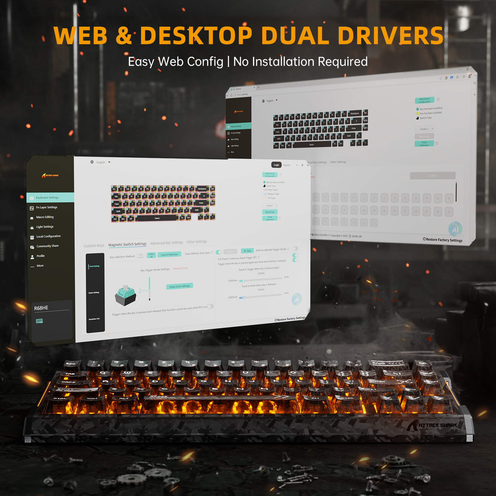 Clavier ATTACK SHARK R68 HE en fibre de carbone avec interrupteurs magnétiques à déclenchement rapide