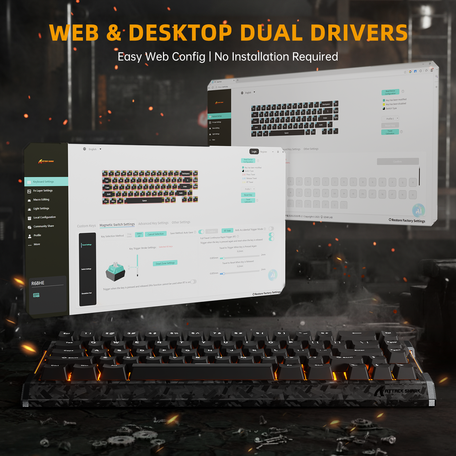 Clavier ATTACK SHARK R68 HE en fibre de carbone avec interrupteurs magnétiques à déclenchement rapide