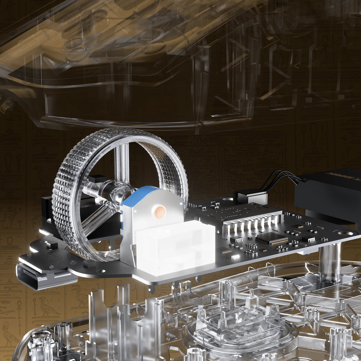 Exploded view of the electroplated scroll wheel and PCB in the ATTACK SHARK R5 TURBO