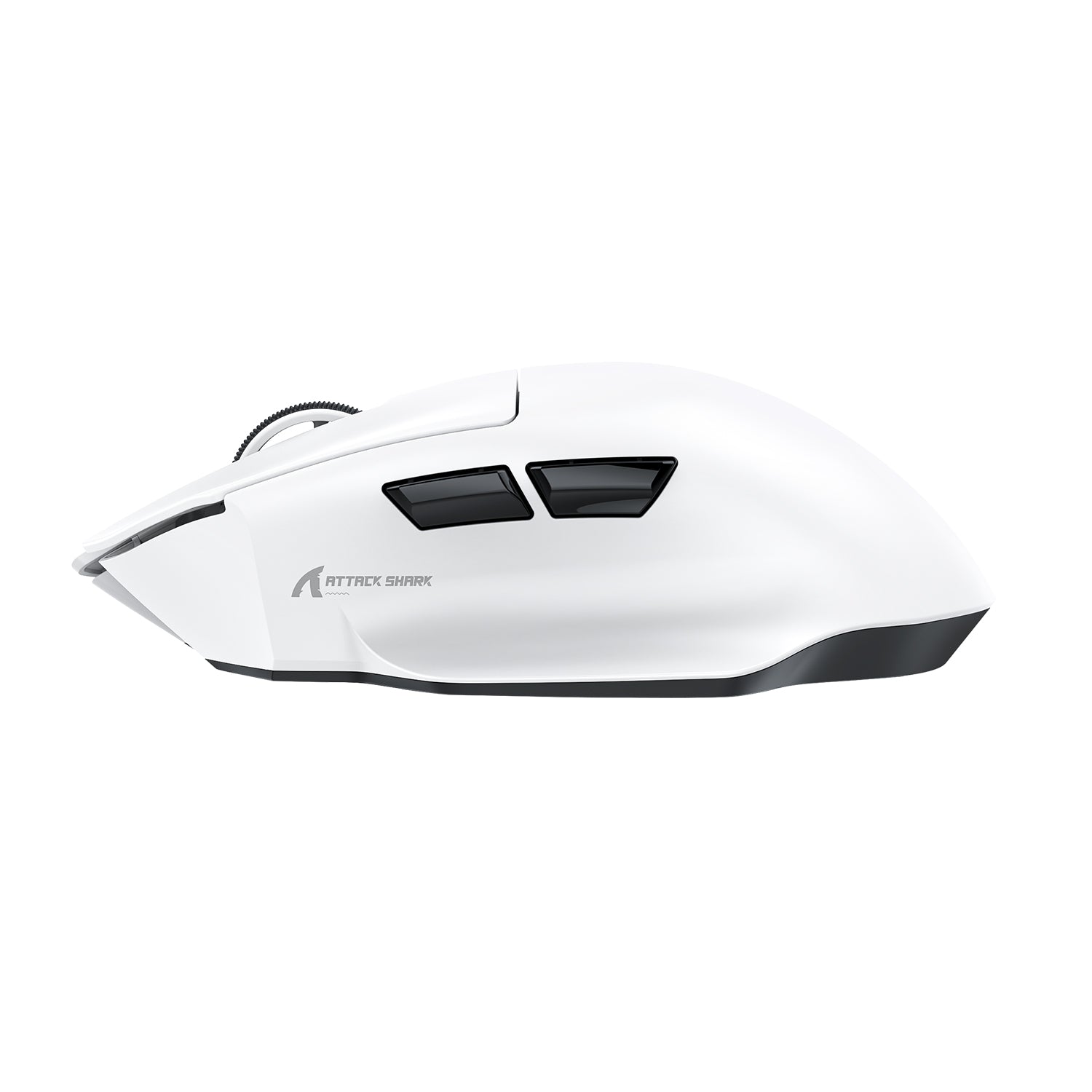 White ATTACK SHARK V6 gaming mouse with black accents and side buttons, featuring the brand logo and text.