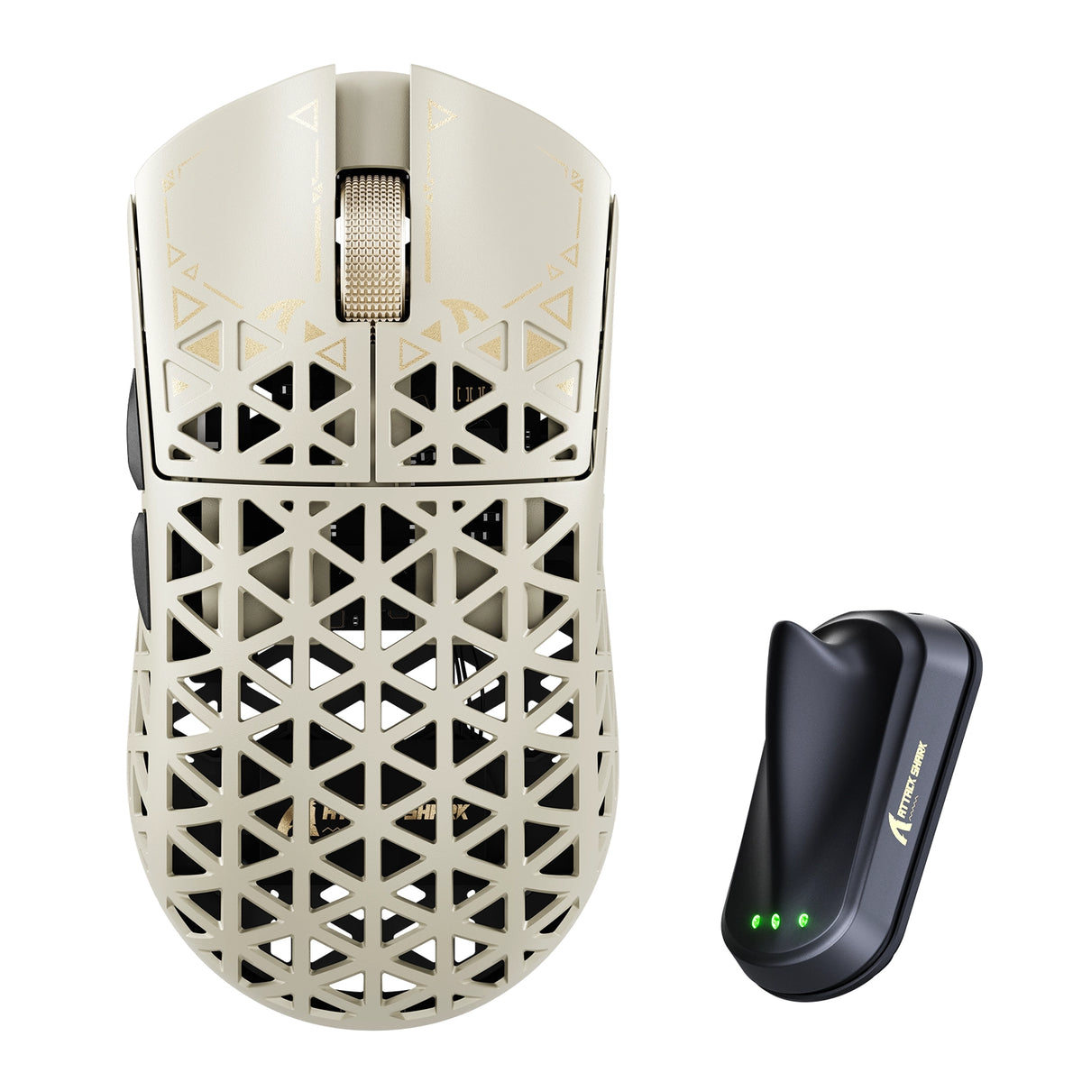ATTACK SHARK R5 TURBO in Dune, top view with wireless charging dock