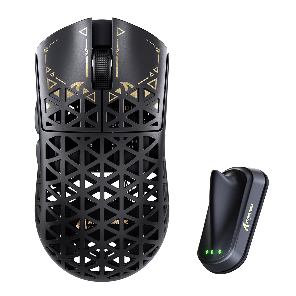 ATTACK SHARK R5 TURBO in Black, top view with wireless charging dock