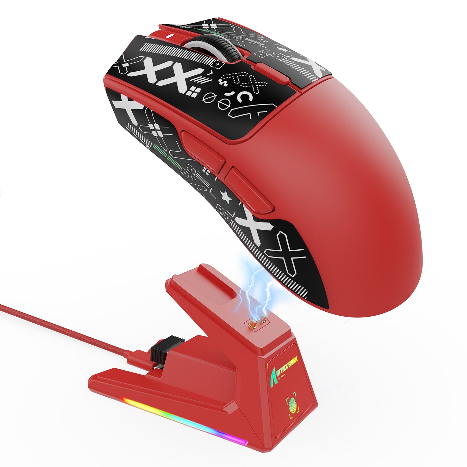 Red ATTACK SHARK X1 gaming mouse with patterned top, charging on a red dock with RGB lighting.