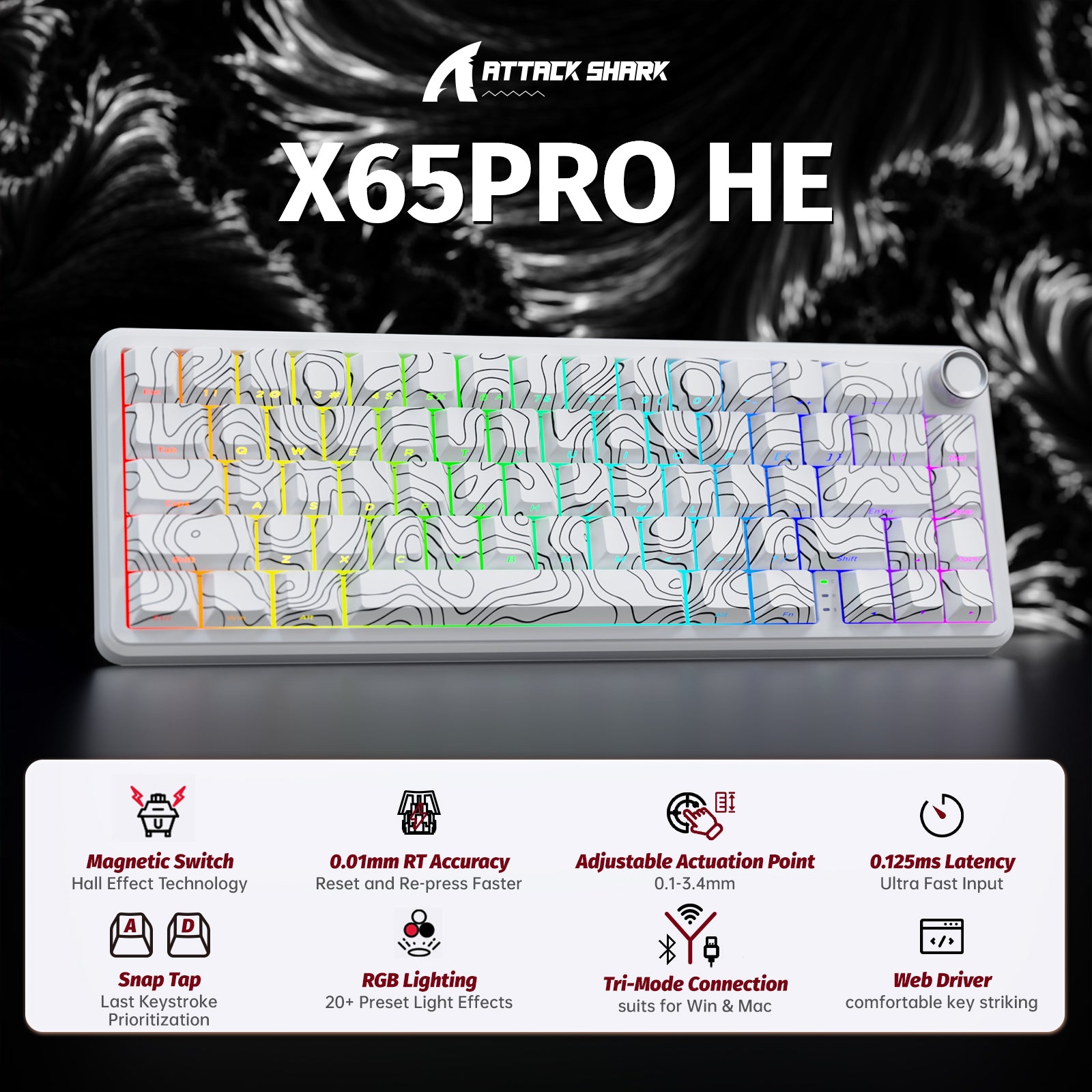 ATTACK SHARK X65PRO HE Clavier à déclenchement rapide sans fil avec switch magnétique