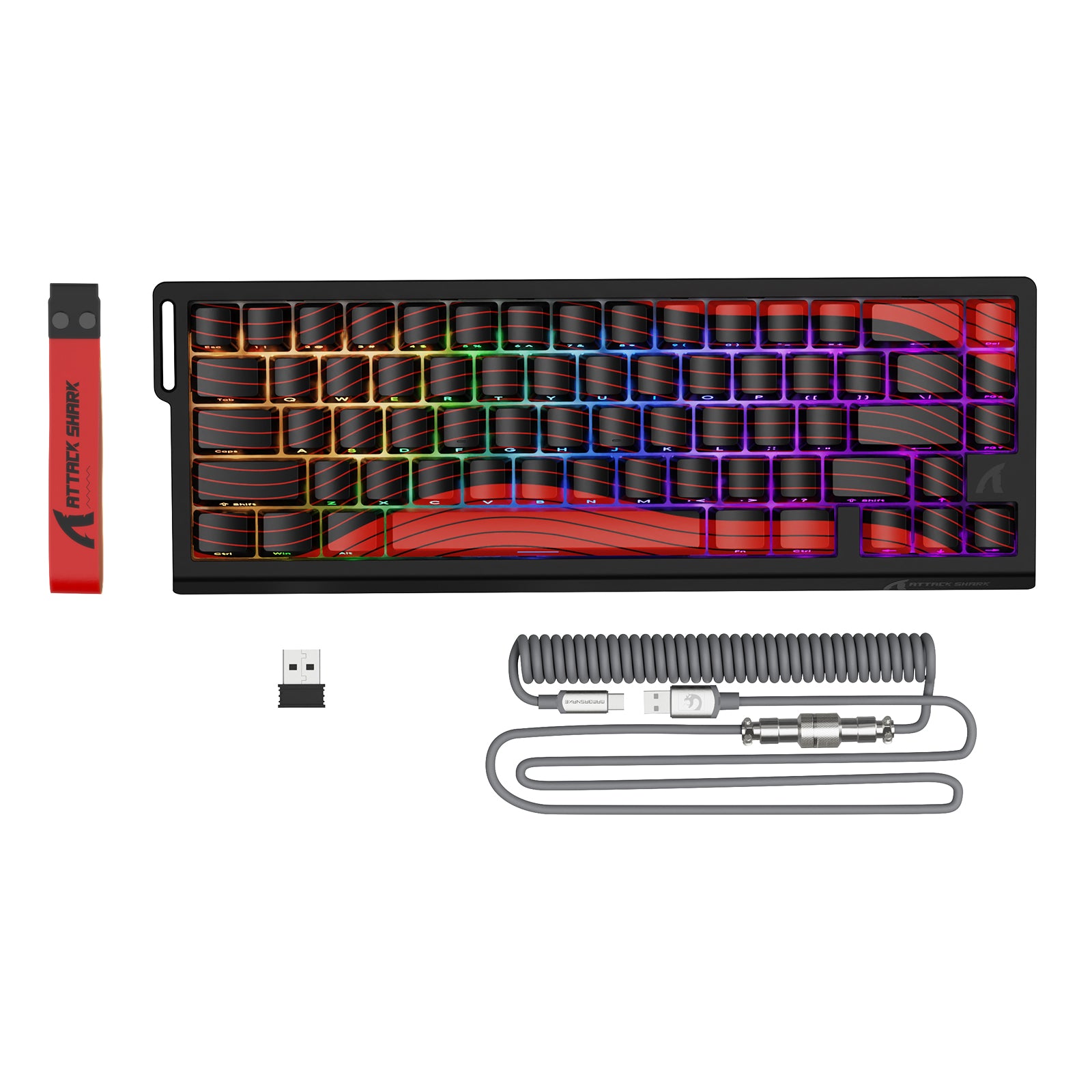 ATTACK SHARK X68PRO HE wireless gaming keyboard with RGB backlit keys, coiled cable, and USB receiver.