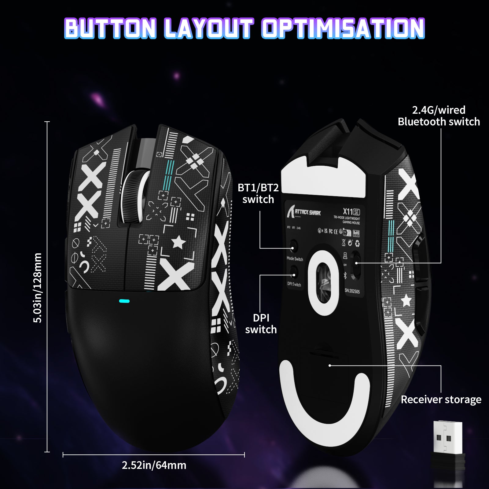 ATTACK SHARK X11SE gaming mouse button layout showing 2.4G, Bluetooth, DPI switches, ergonomic design, and receiver storage.