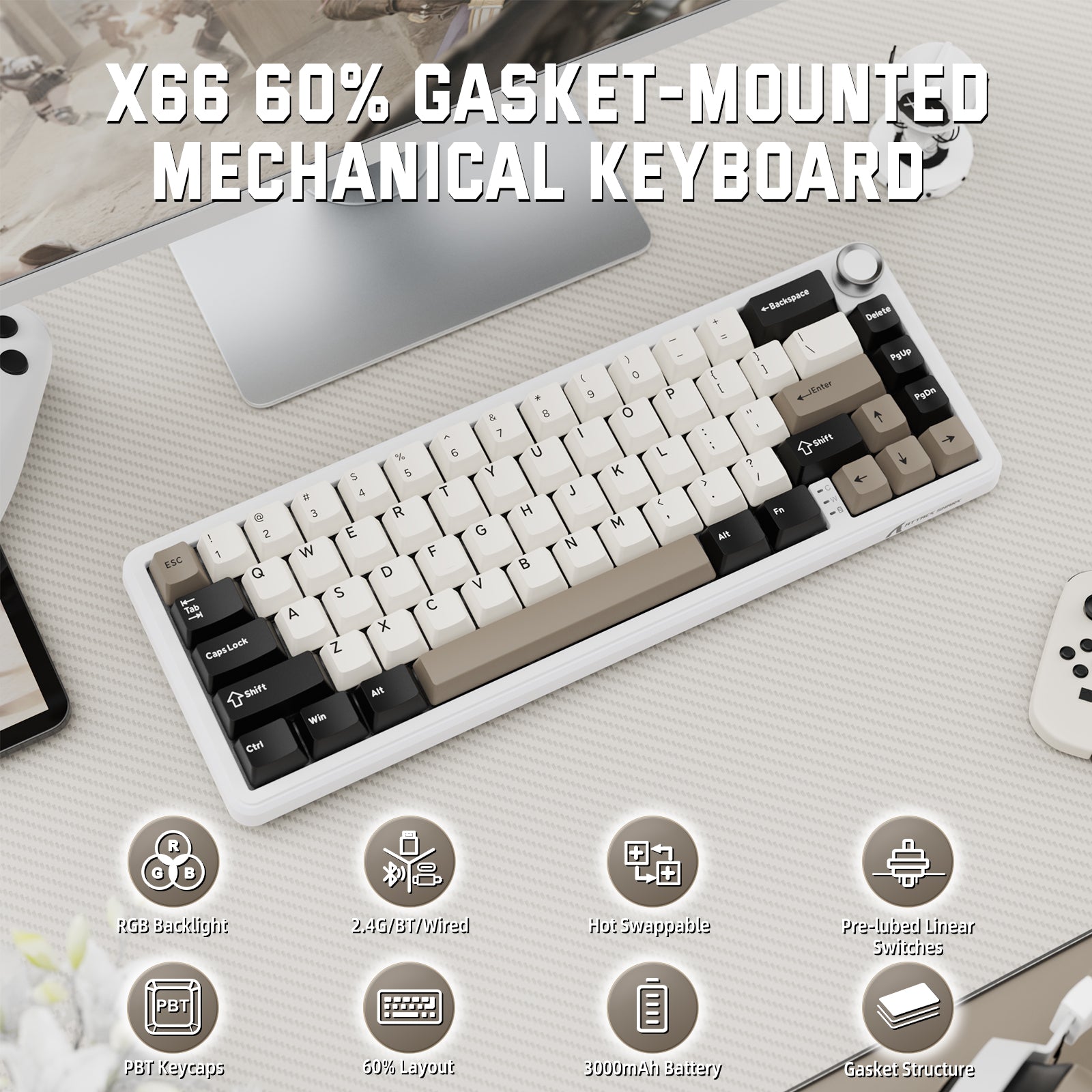 ATTACK SHARK X66 Gasket-Mounted 60% Mechanical Keyboard with RGB, side-printed PBT keycaps, and volume knob