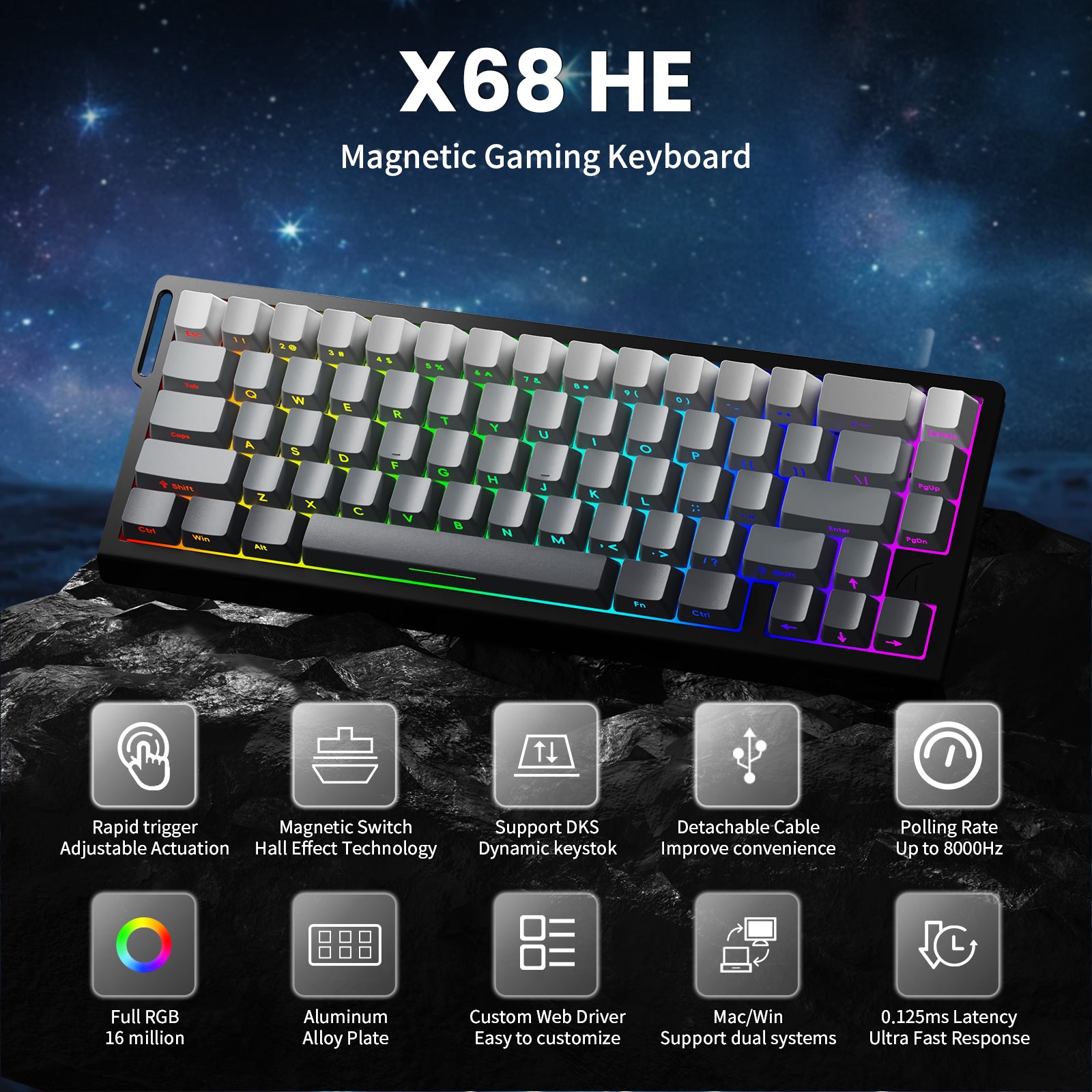 ATTACK SHARK X68 HE magnetic gaming keyboard with rapid trigger, RGB, and Hall Effect switches.