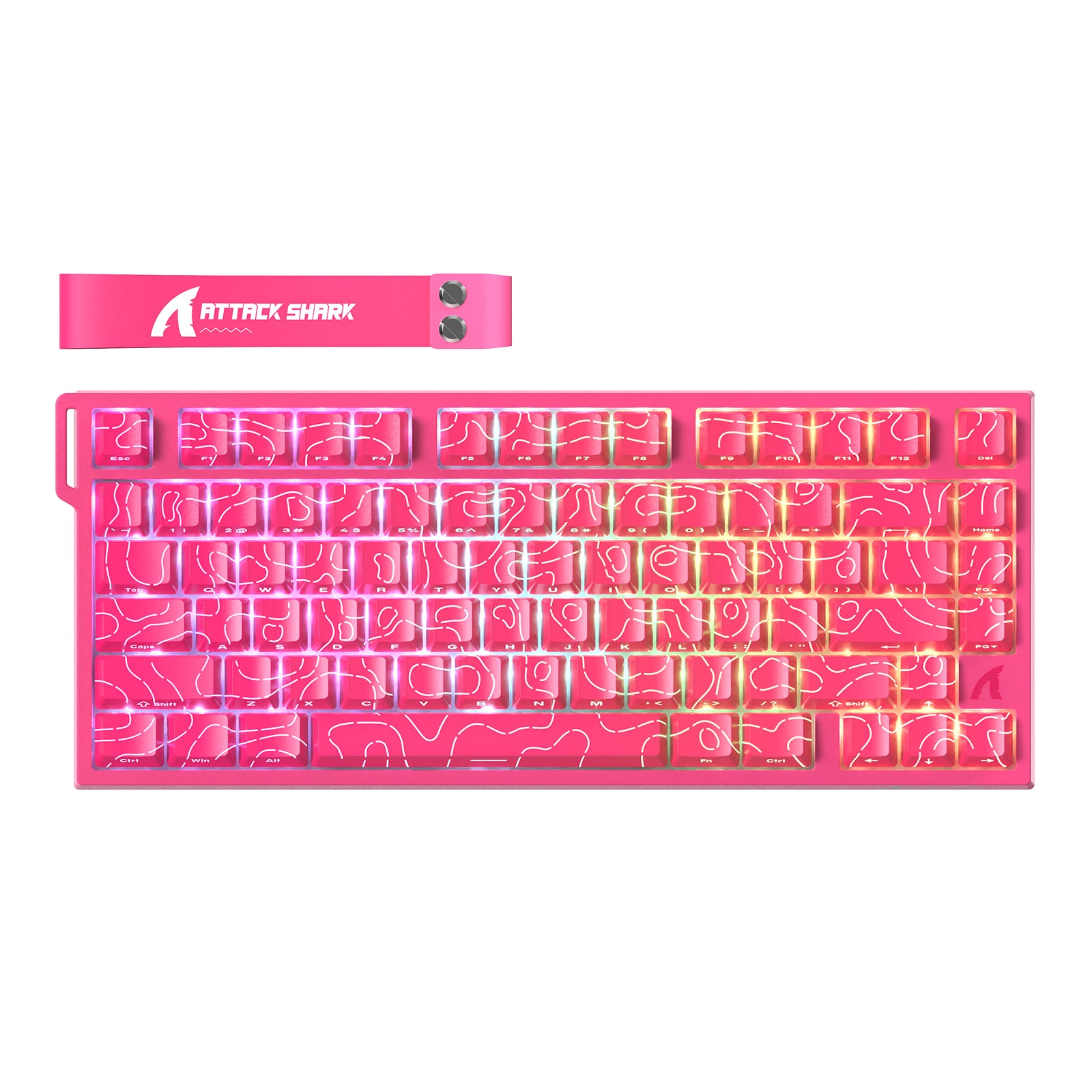 Pink mechanical keyboard with white wavy pattern on keycaps, featuring "Attack Shark" logo.