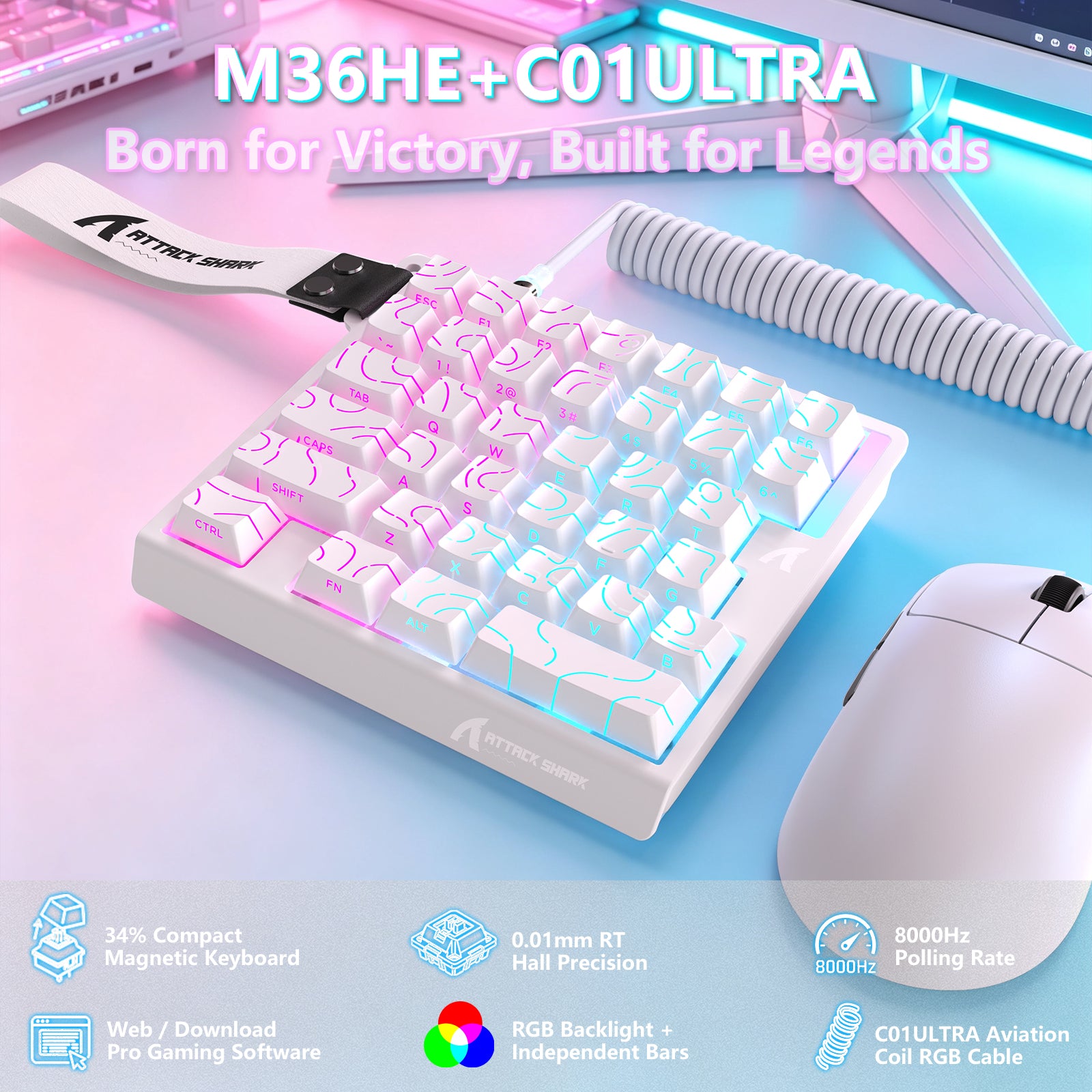Clavier à interrupteur magnétique à une main ATTACK SHARK M36 HE & câble Aviateur LED ULTRA C01