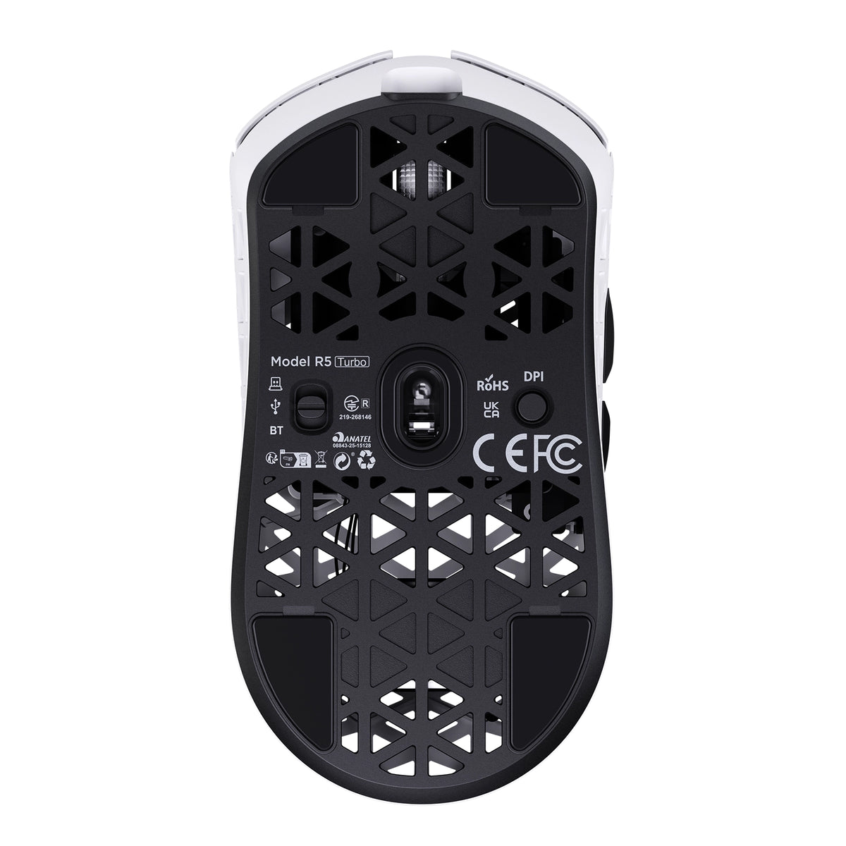 ATTACK SHARK R5 TURBO in White, bottom view with PAW3950MAX sensor and DPI button