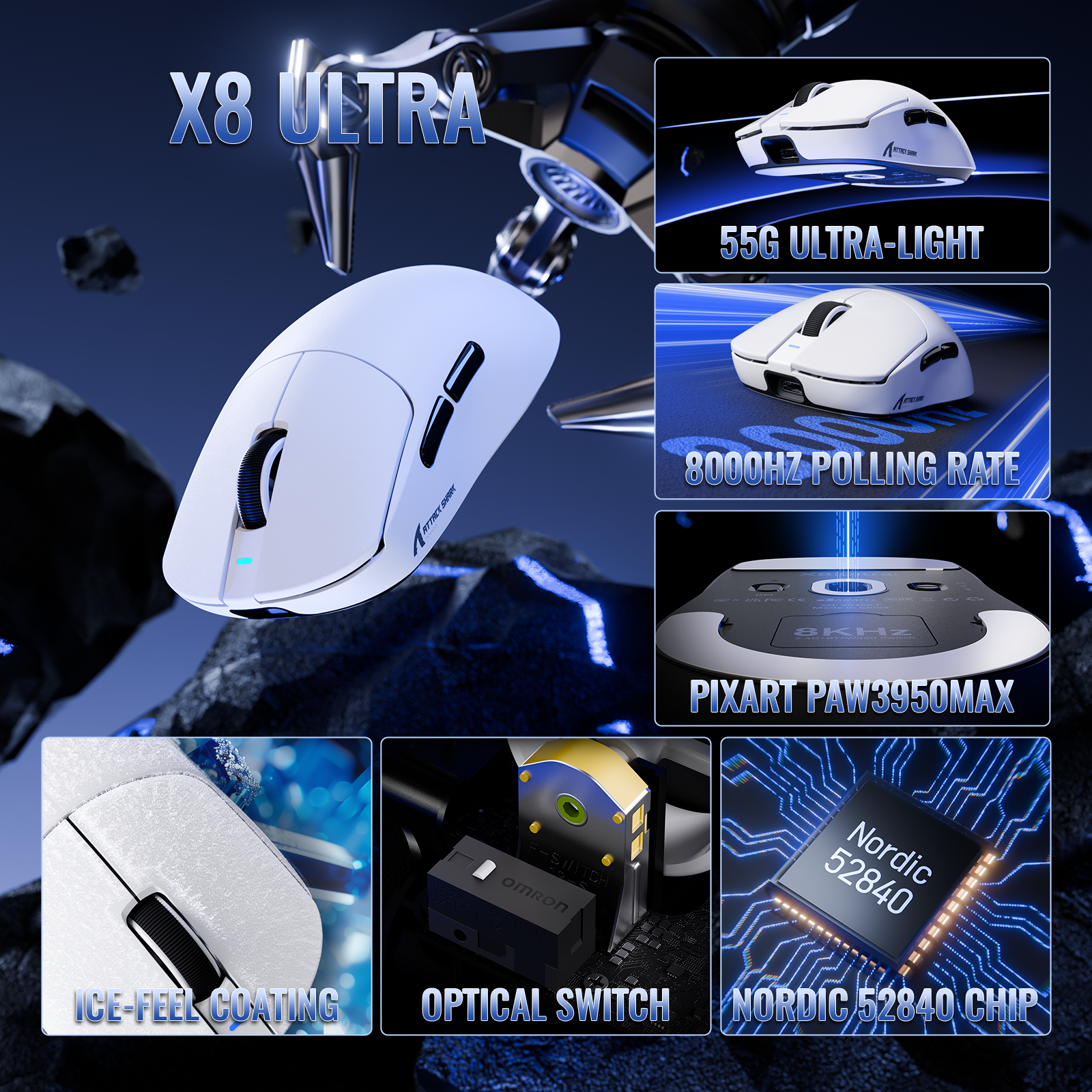 Souris de jeu sans fil légère tri-mode ATTACK SHARK X8 Series