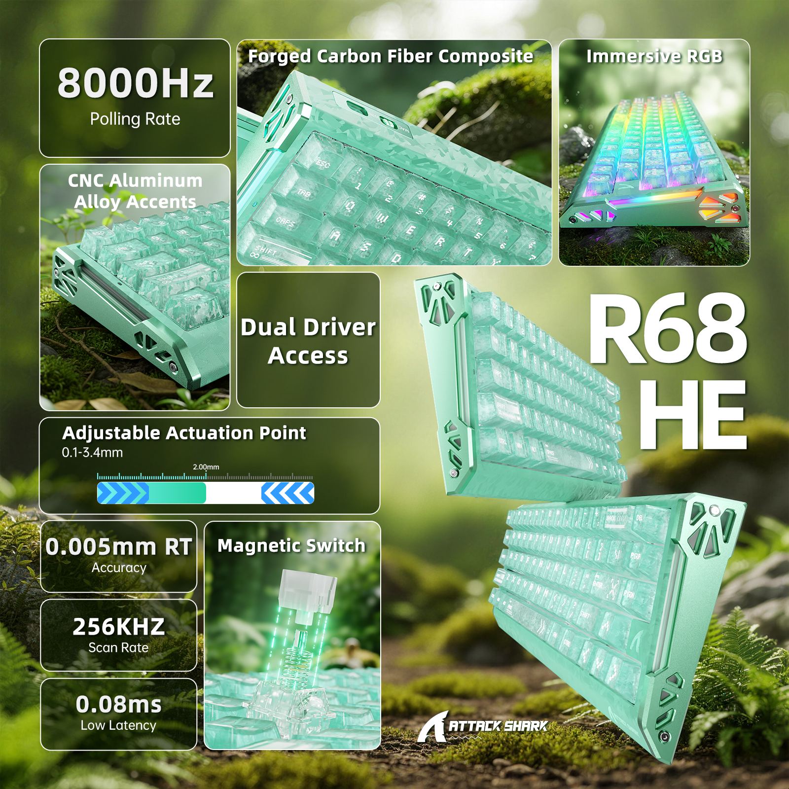 Clavier ATTACK SHARK R68 HE en fibre de carbone avec interrupteurs magnétiques à déclenchement rapide