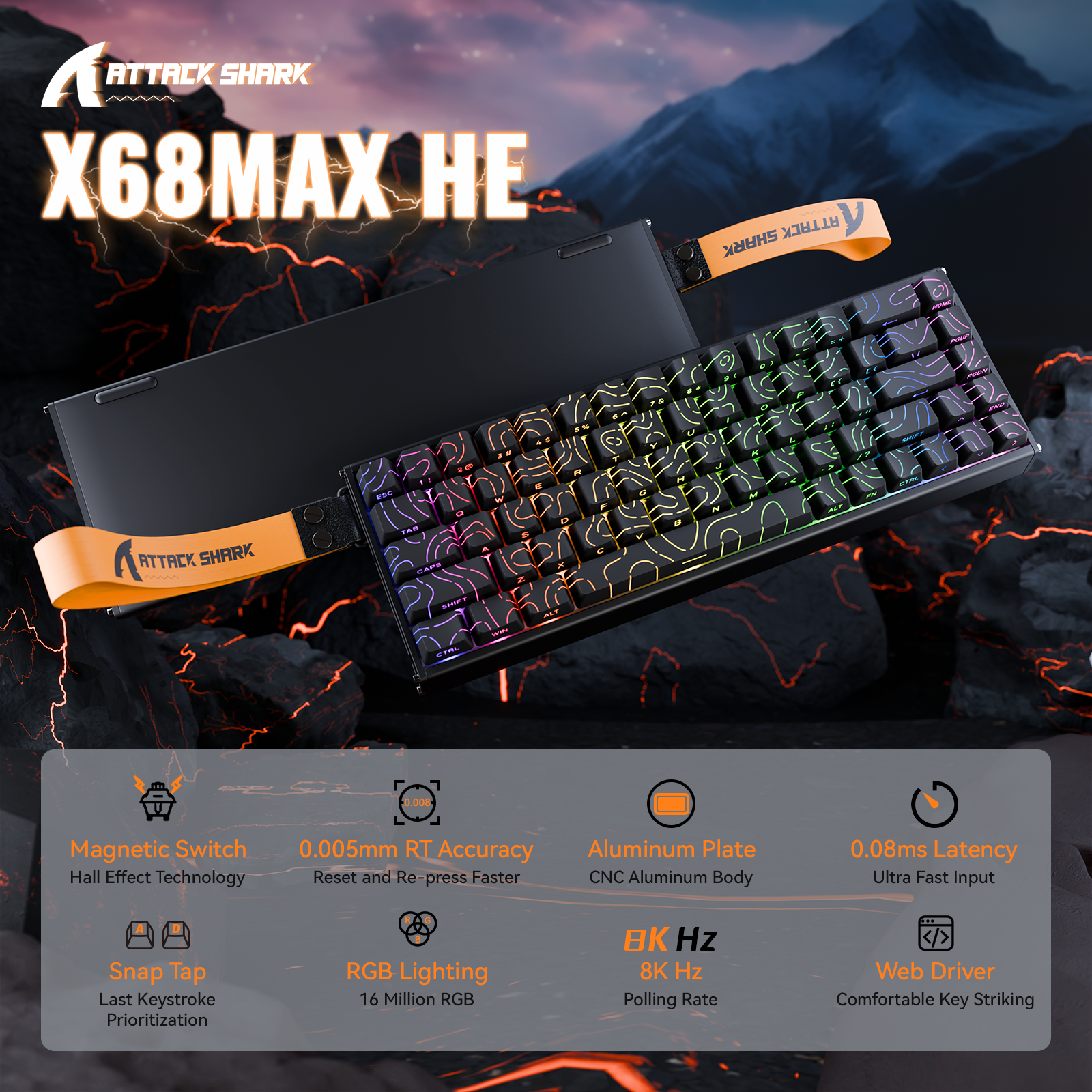 ATTACK SHARK X68MAX HE keyboard with rapid trigger, magnetic switches, RGB lighting, and aluminum body