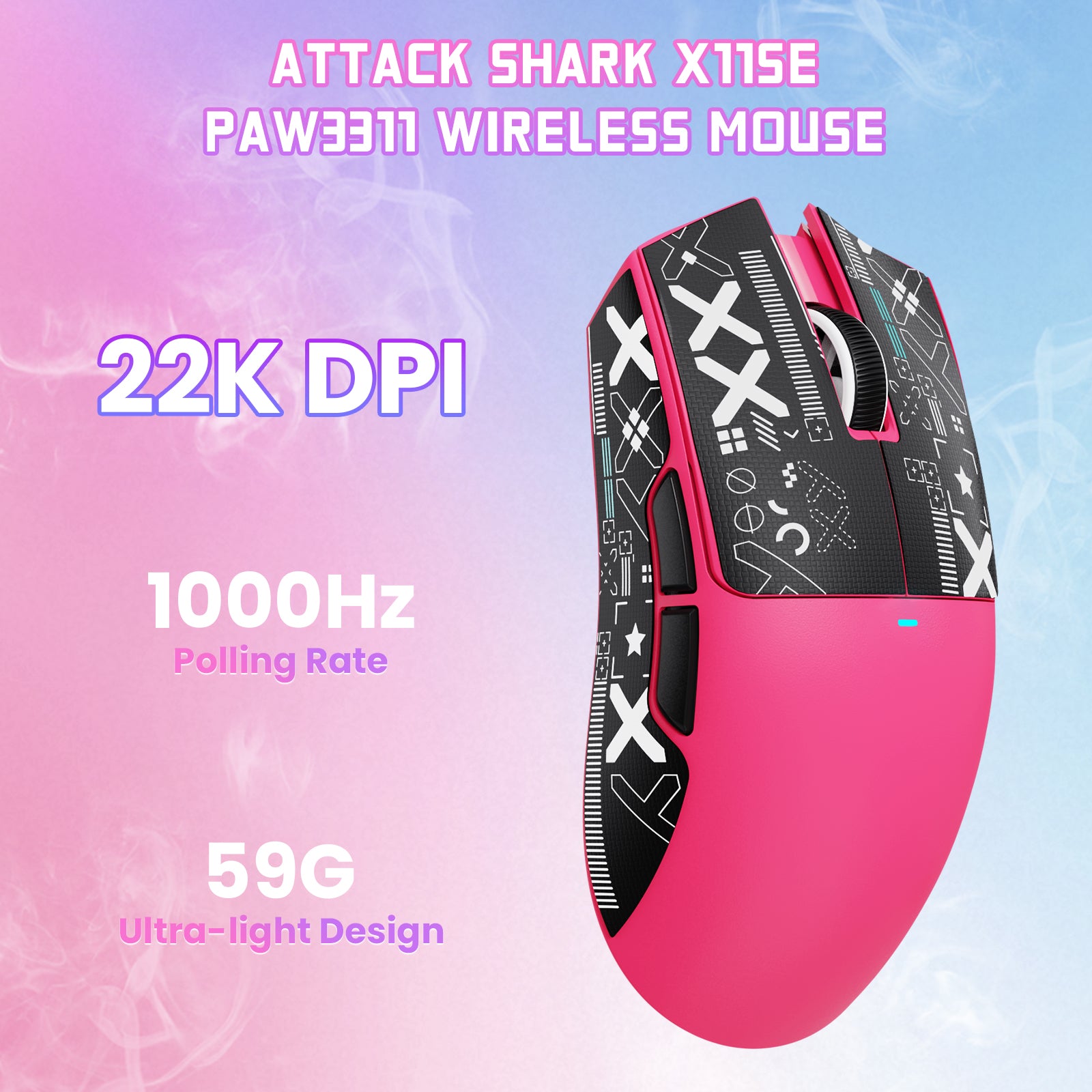 ATTACK SHARK X11SE pink wireless gaming mouse with 22K DPI, 1000Hz polling rate, and 59g ultralight design.