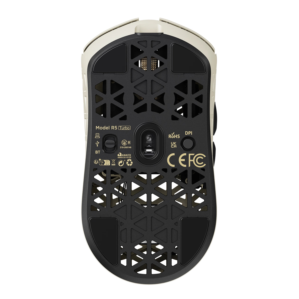 ATTACK SHARK R5 TURBO in Dune, bottom view with PAW3950MAX sensor and DPI button