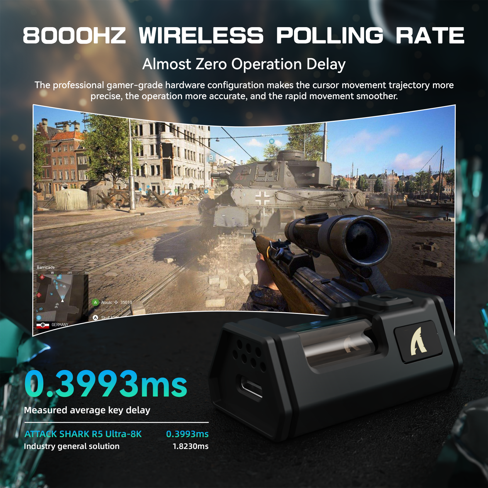 ATTACK SHARK R5 Ultra gaming mouse with 8000Hz wireless polling rate for near zero operation delay