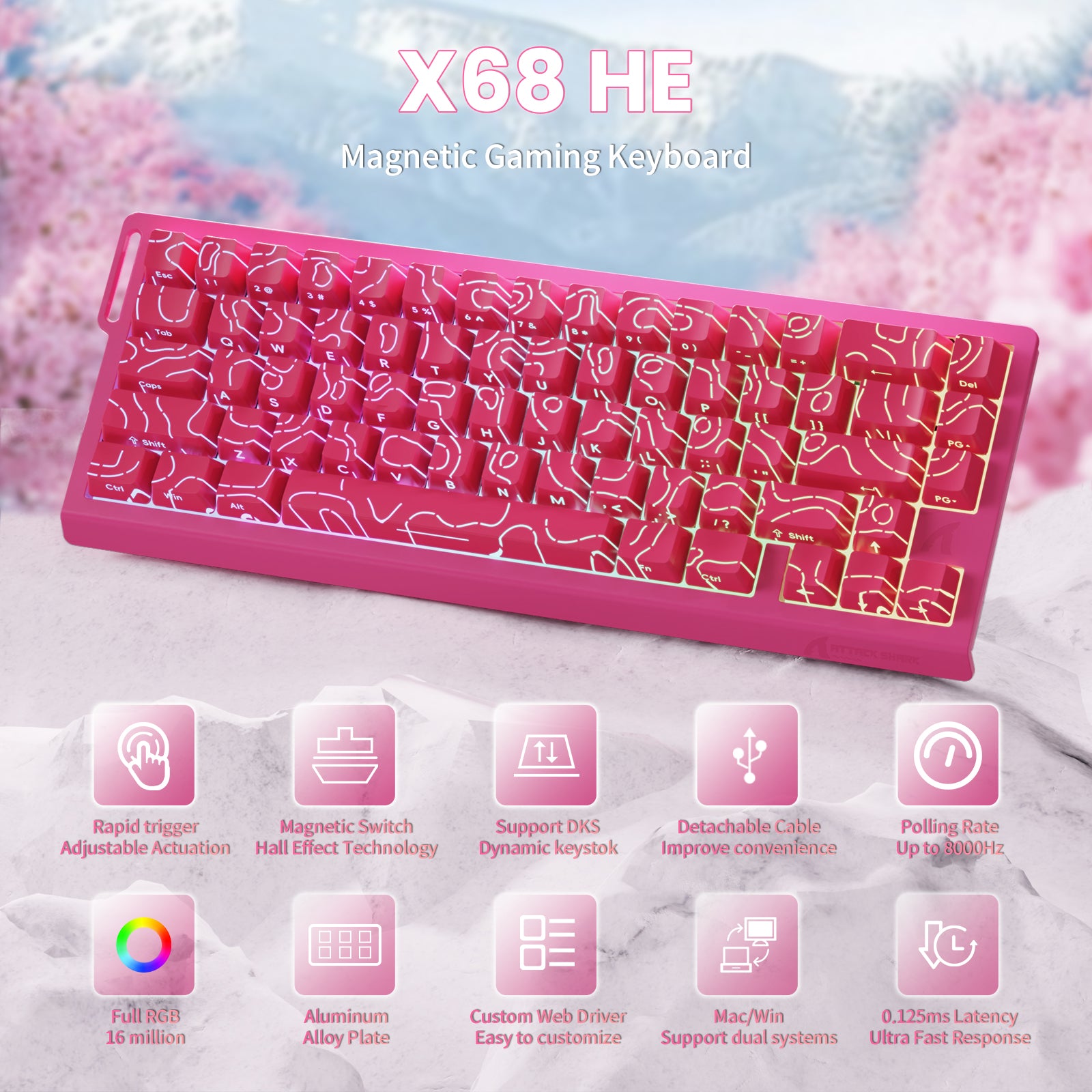 ATTACK SHARK X68 HE pink gaming keyboard. Rapid trigger, RGB, Hall Effect switches, 8000Hz polling.