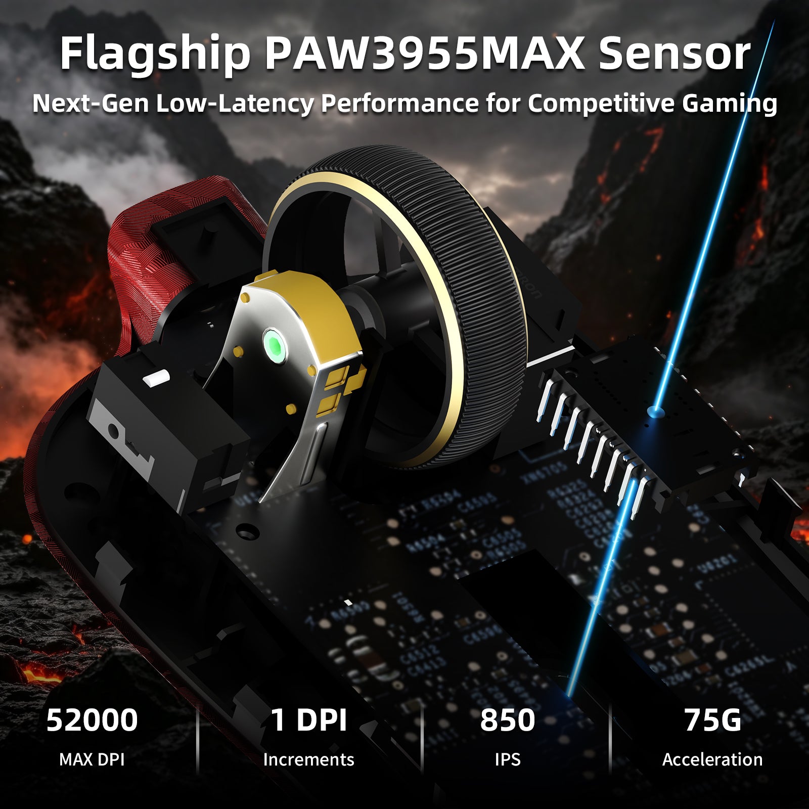 Souris de jeu sans fil ATTACK SHARK RS3 ULTRA en fibre de carbone PAW3955MAX avec câble LED Ultra C06