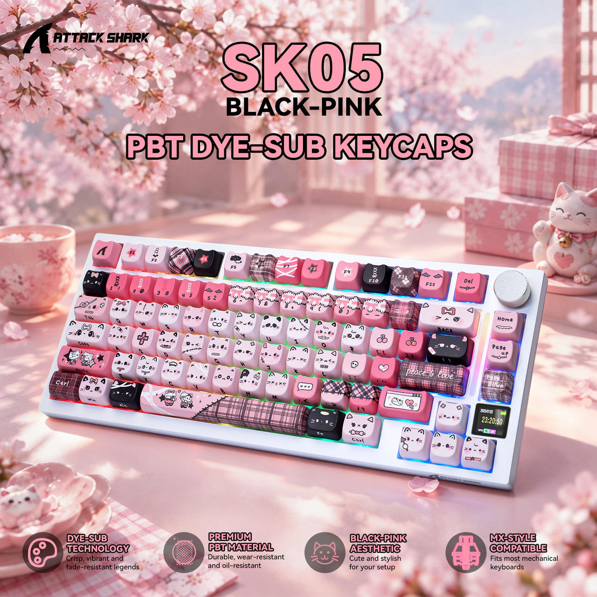 ATTACK SHARK SK05, 118/119 touches, touches en PBT, profil MOA, ANSI