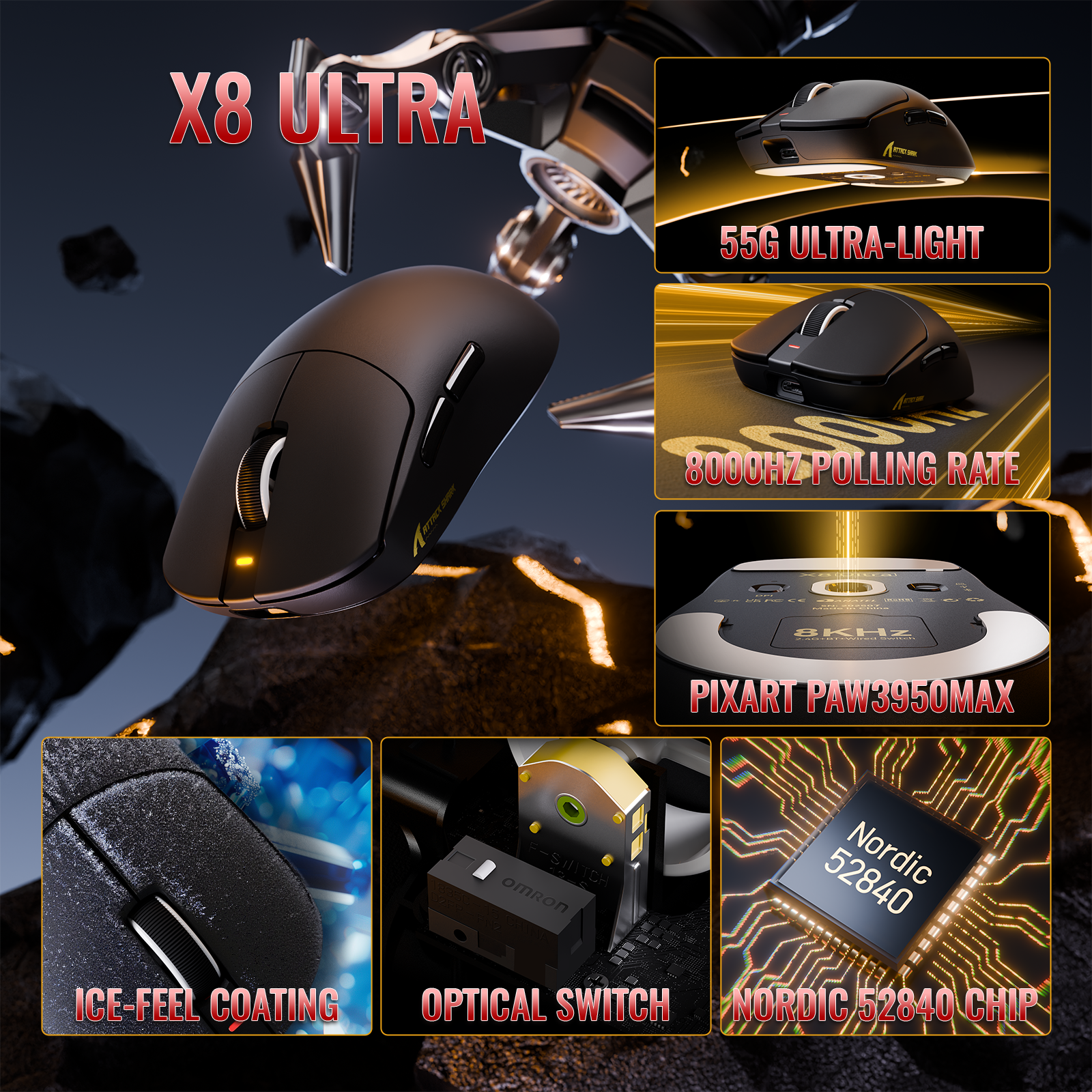 Souris de jeu sans fil légère tri-mode ATTACK SHARK X8 Series