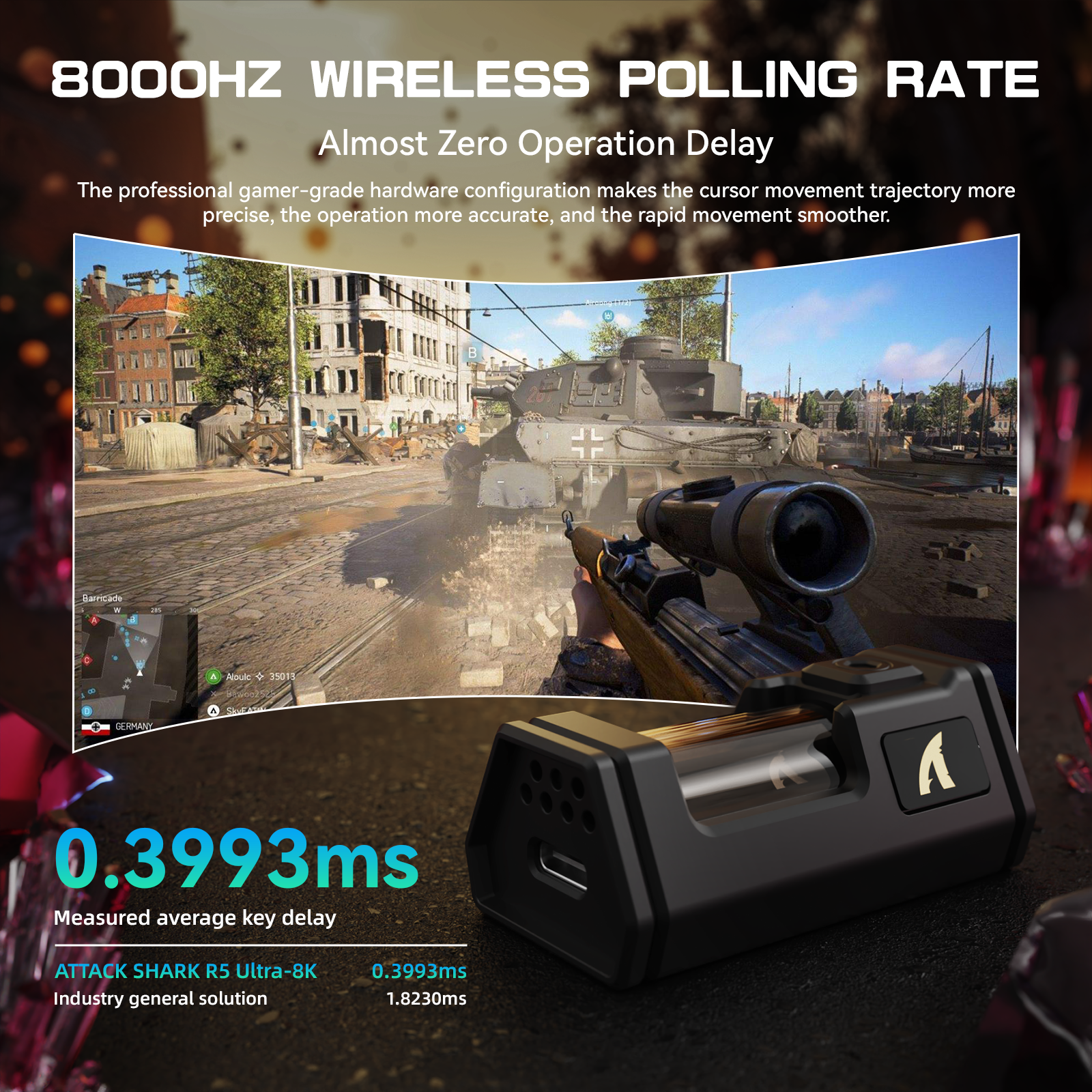 ATTACK SHARK R5 Ultra-8K gaming mouse showing 0.3993ms key delay in game, showcasing fast-paced performance.