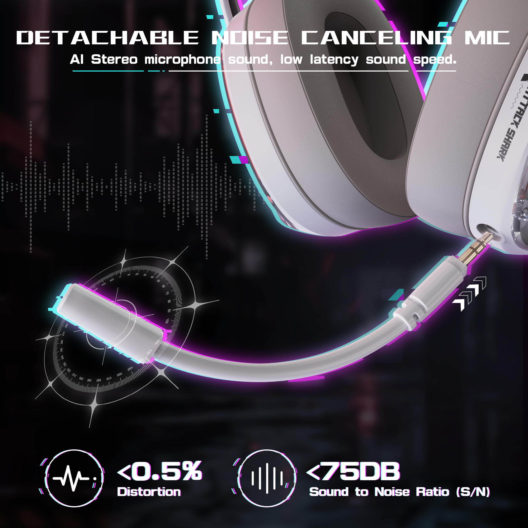 ATTACK SHARK L60 headset: detachable noise canceling mic, <0.5% distortion, <75dB S/N ratio.