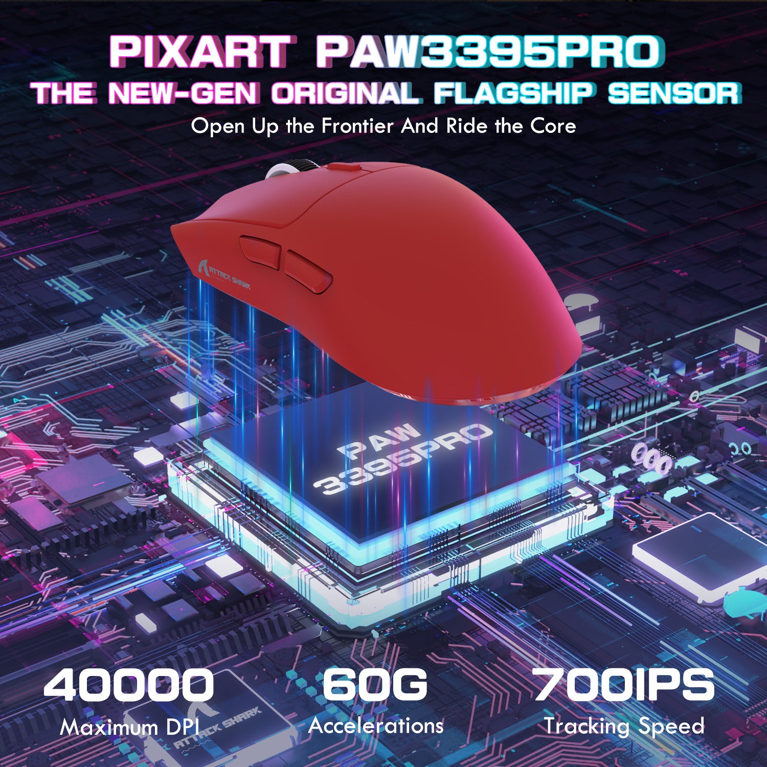 ATTACK SHARK X1 red gaming mouse showcasing PAW3395PRO sensor, 40000 DPI, 60G acceleration, and 700IPS tracking.