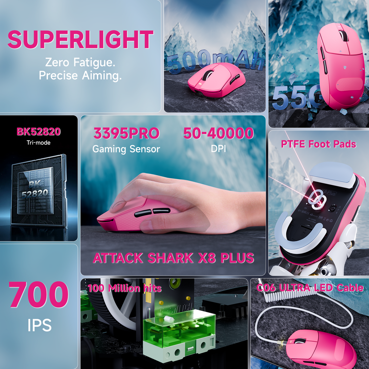 Souris de jeu sans fil tri-mode ATTACK SHARK X8 PLUS avec câble C06 ULTRA