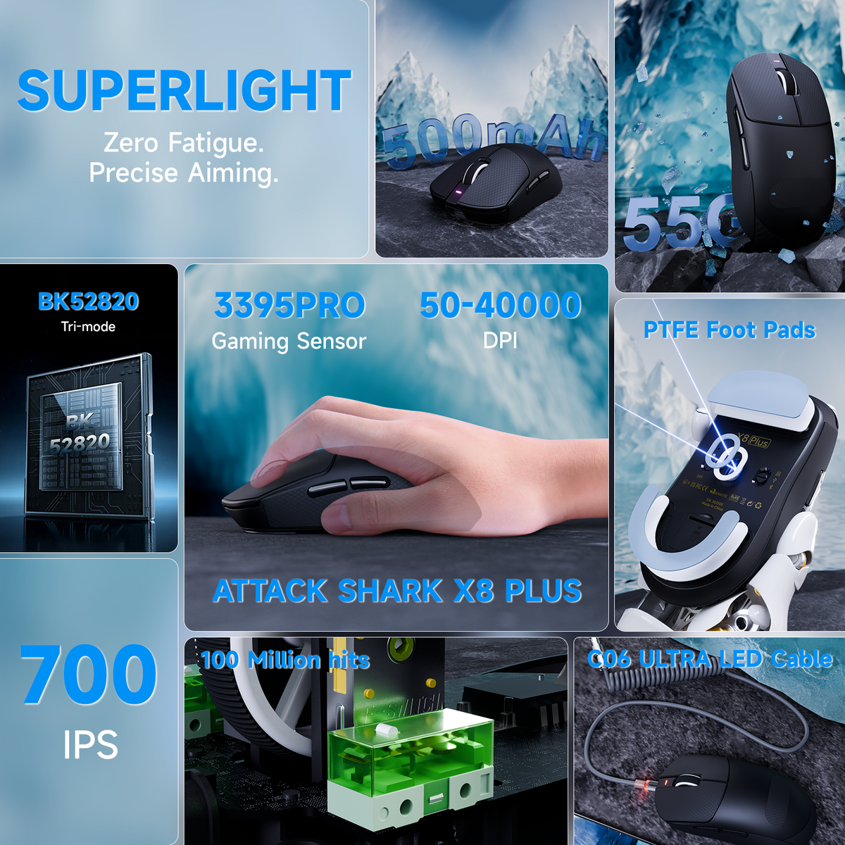Souris de jeu sans fil tri-mode ATTACK SHARK X8 PLUS avec câble C06 ULTRA
