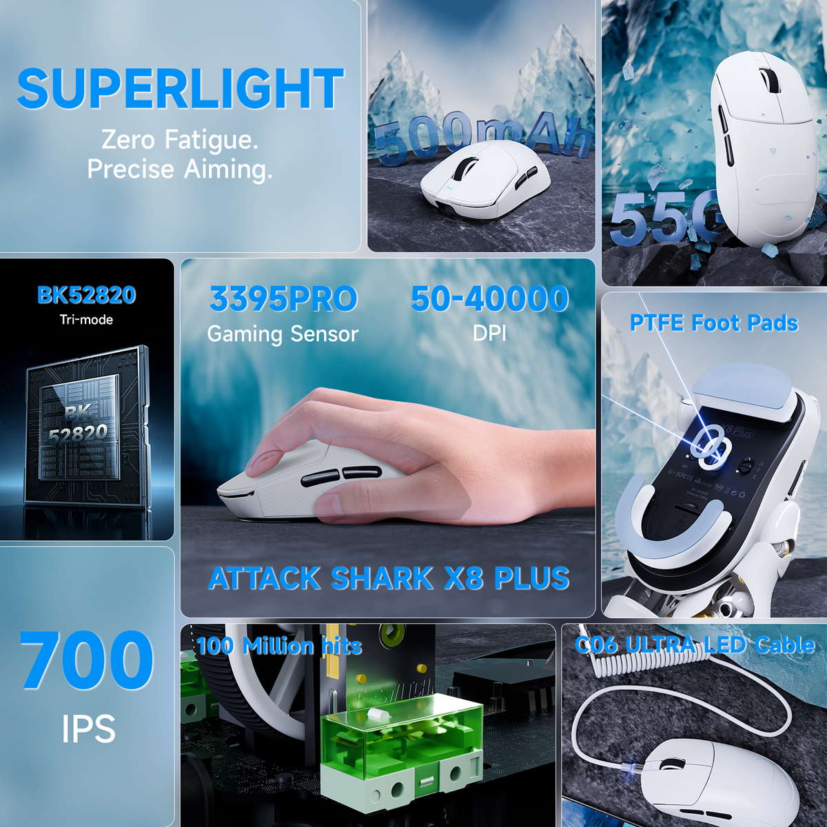 Souris de jeu sans fil tri-mode ATTACK SHARK X8 PLUS avec câble C06 ULTRA