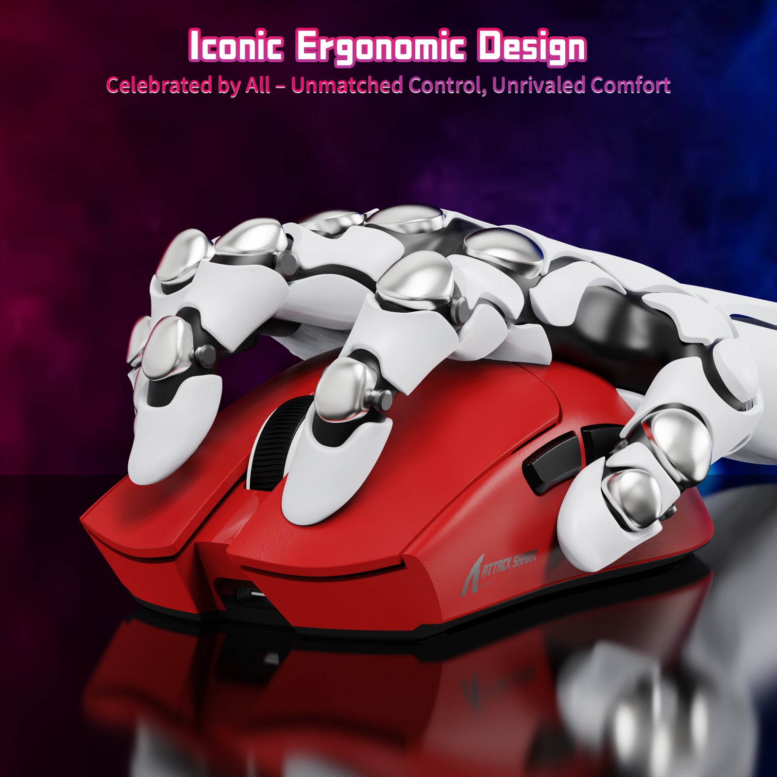 ATTACK SHARK X11SE ergonomic gaming mouse in red, held by a robotic hand, showcasing iconic design.