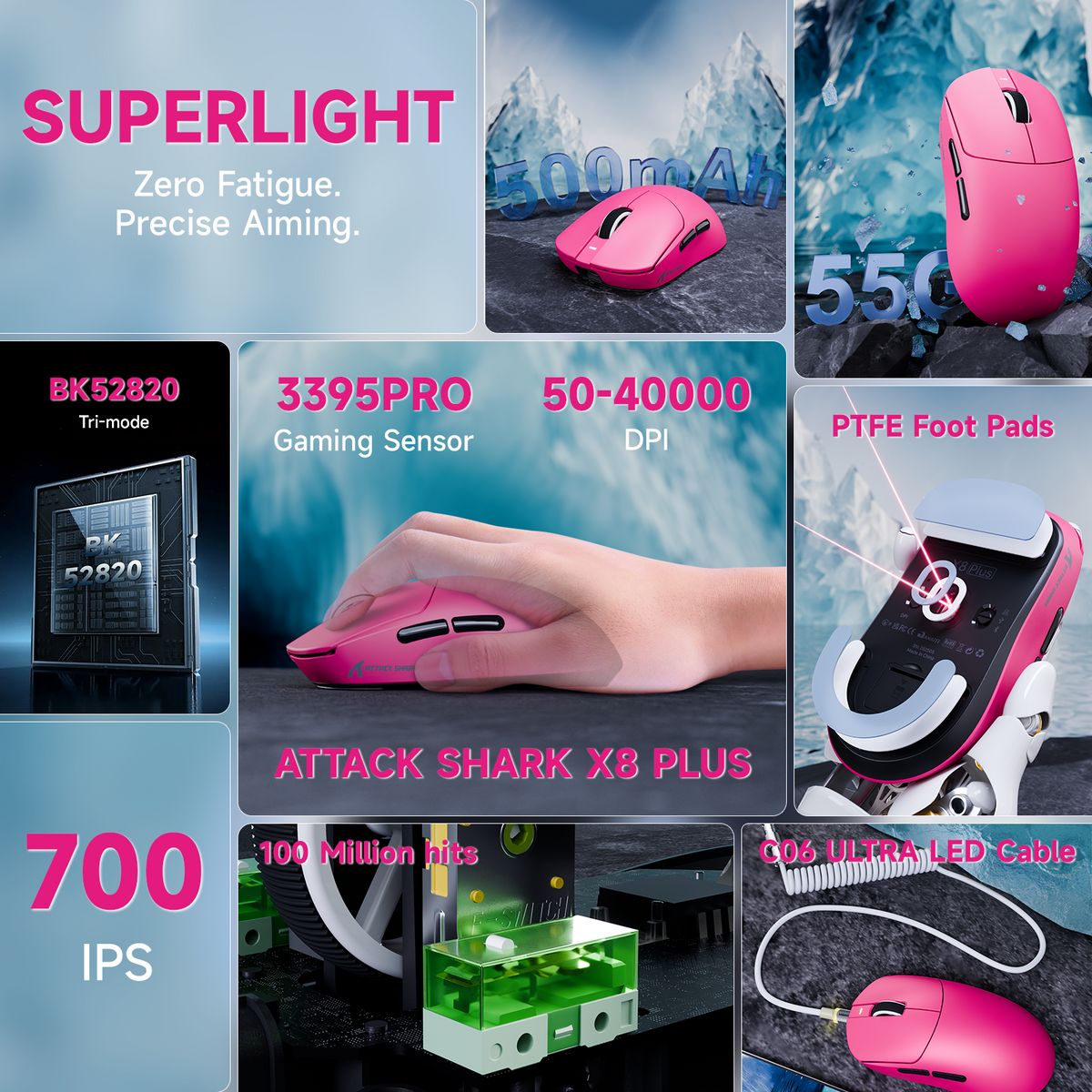 Souris de jeu sans fil tri-mode ATTACK SHARK X8 PLUS avec câble C06 ULTRA