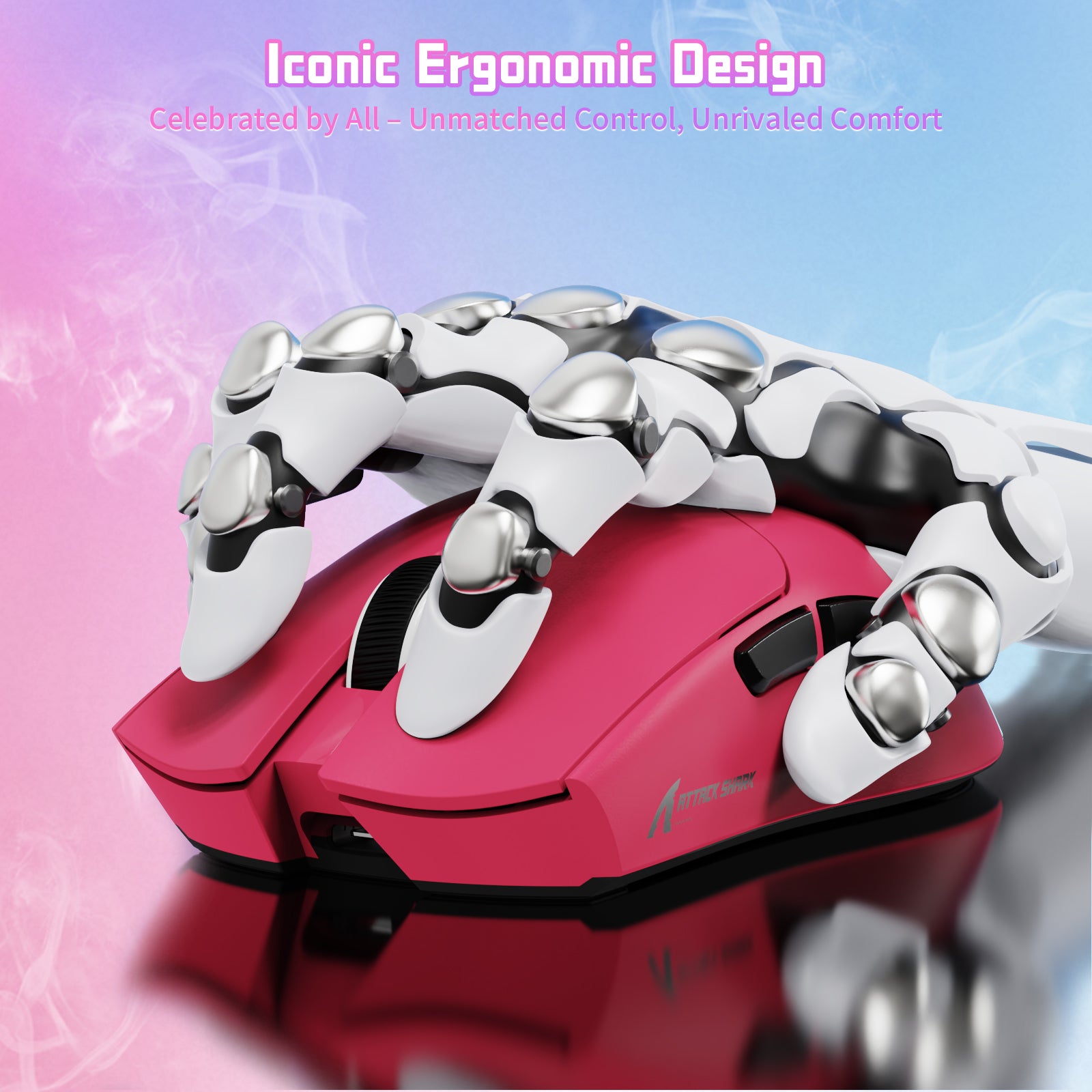 ATTACK SHARK X11SE ergonomic gaming mouse in pink, held by a robotic hand, featuring iconic design.