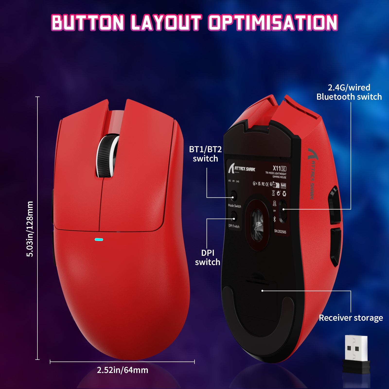 ATTACK SHARK X11SE red gaming mouse button layout showing DPI, BT1/BT2, and 2.4G/Bluetooth switch details.