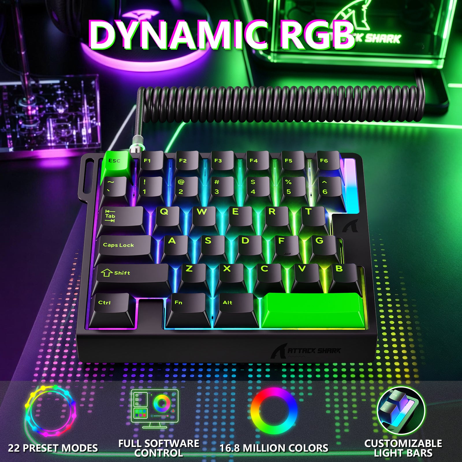 Clavier à interrupteur magnétique à une main ATTACK SHARK M36 HE & câble Aviateur LED ULTRA C01