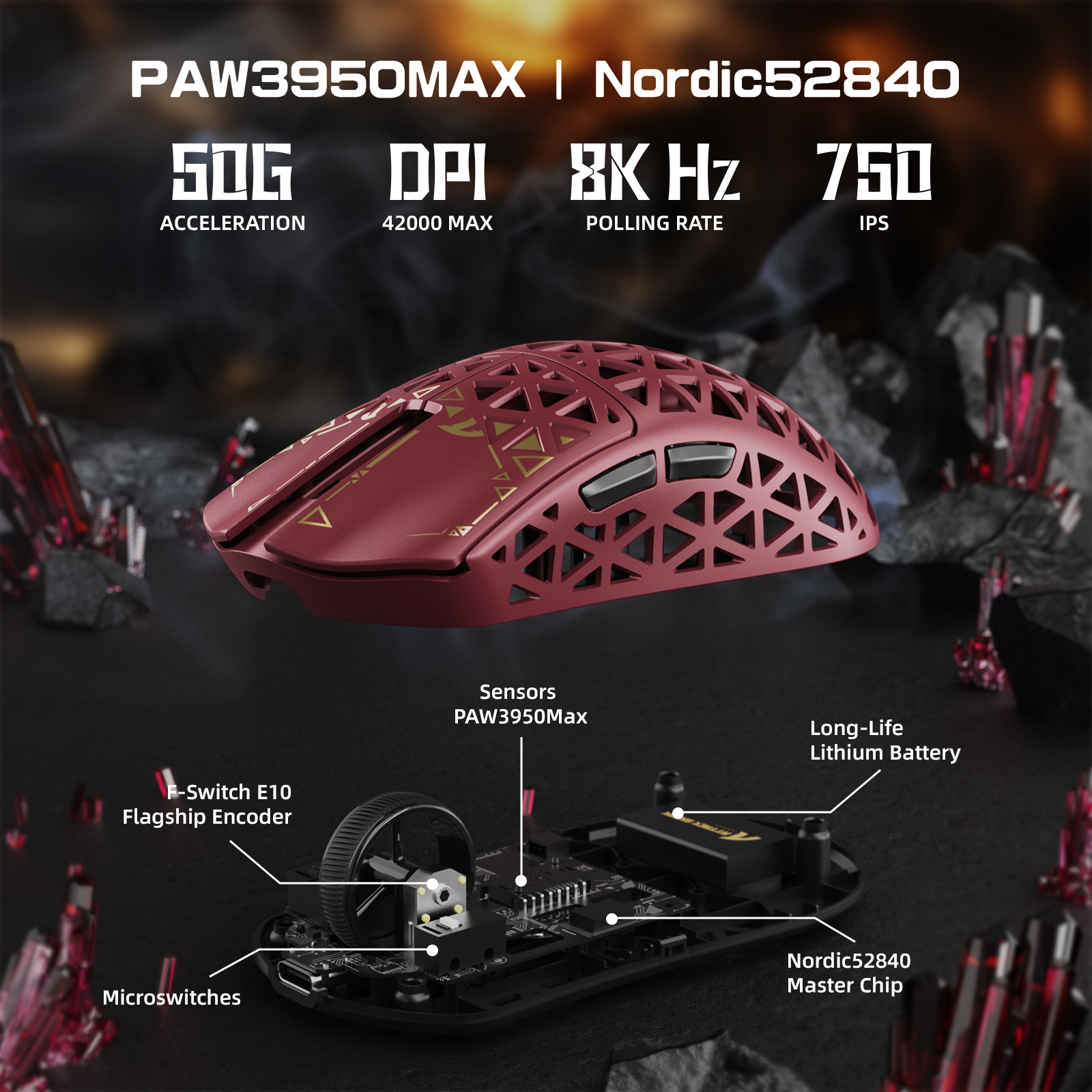 ATTACK SHARK R5 Ultra gaming mouse: PAW3950MAX sensor, 8K polling rate, and internal components