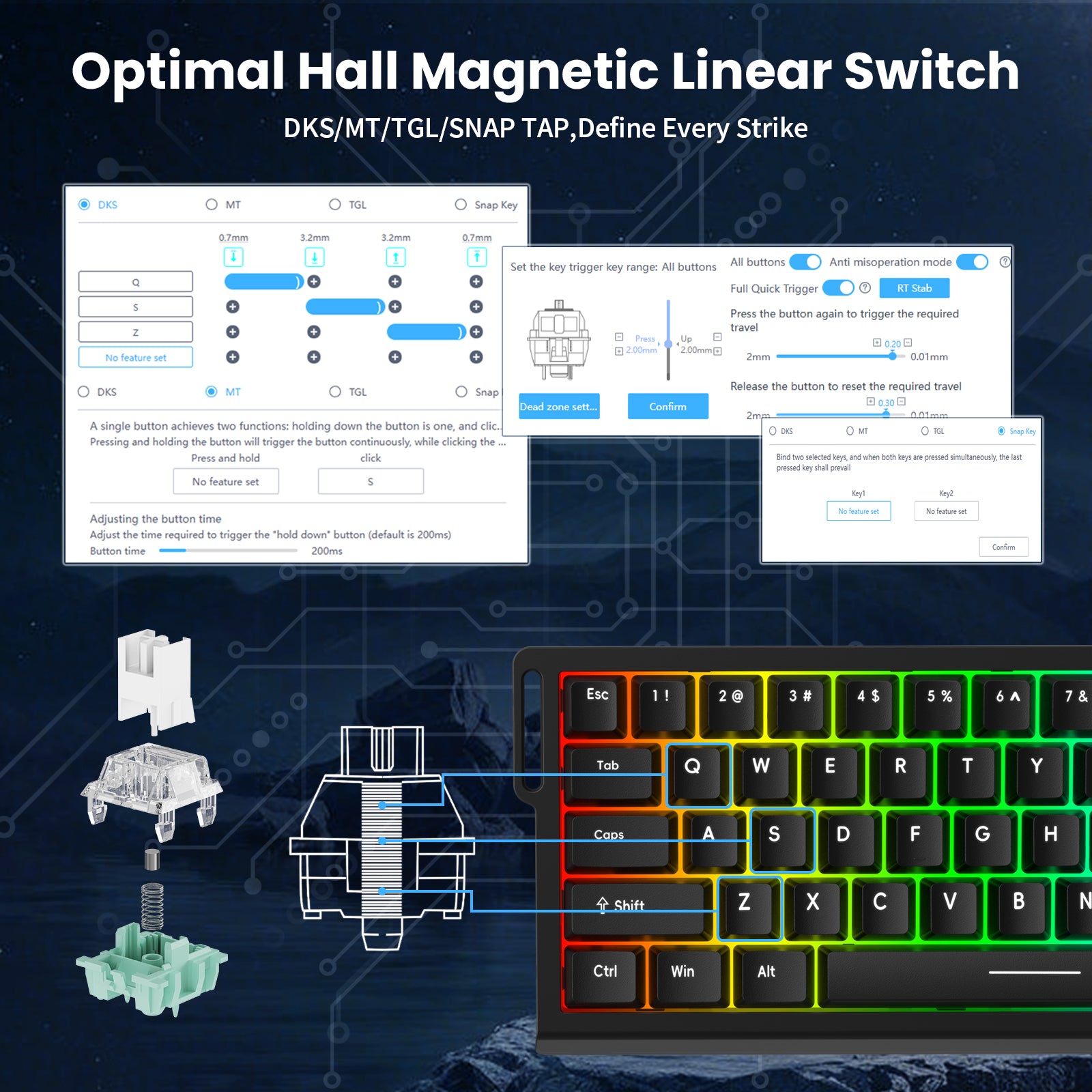 ATTACK SHARK X68 HE keyboard interface: Hall Effect switches, rapid trigger, adjustable actuation, gaming.