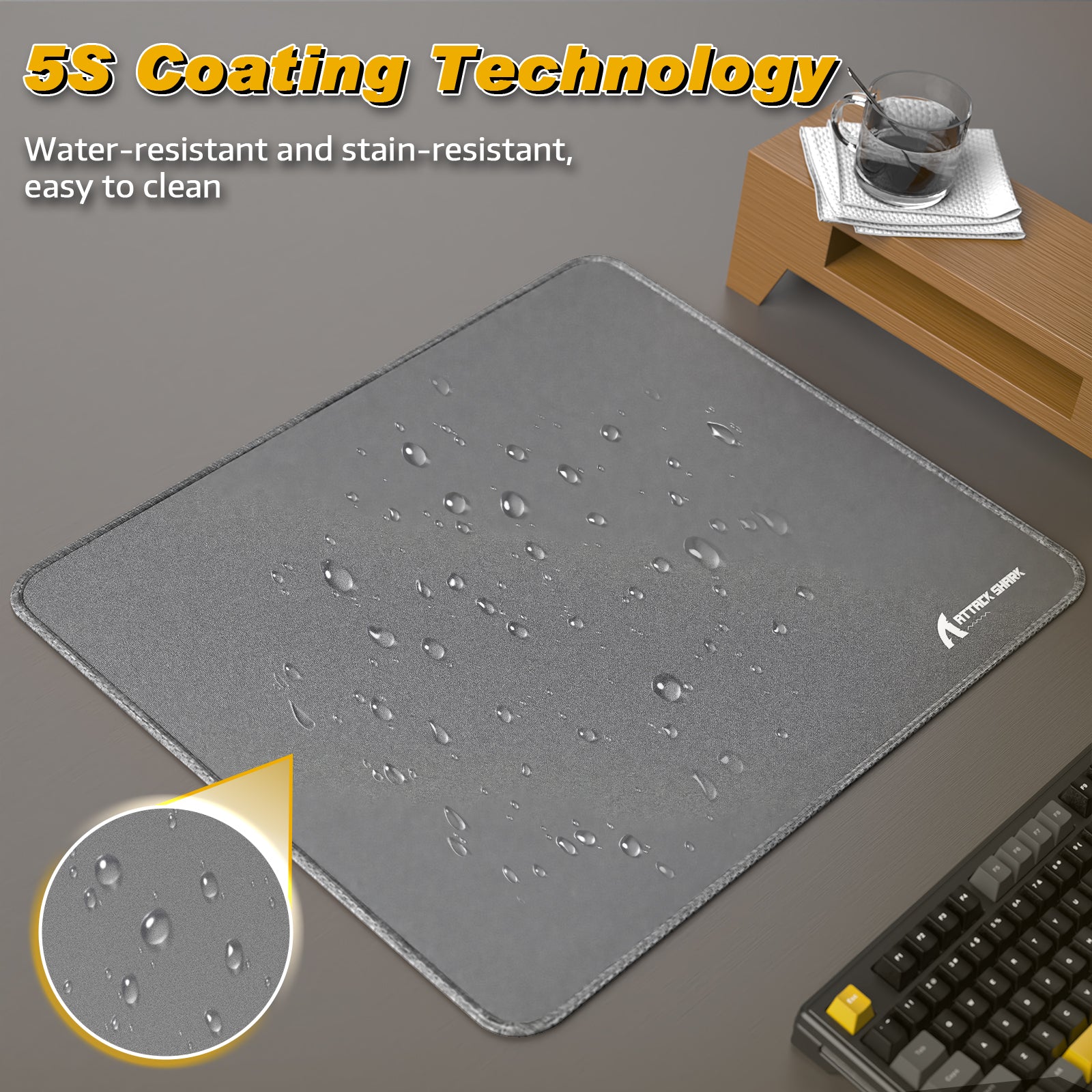 ATTACK SHARK CM02 Gaming Mousepad with 5S Coating, gray, water and stain resistant, esports accessory