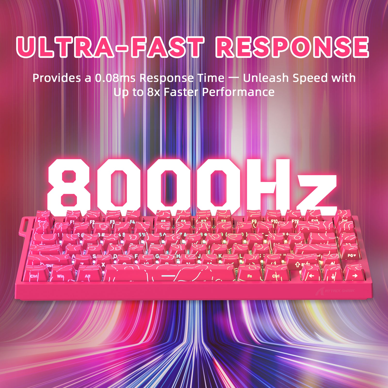 Pink mechanical keyboard with "ULTRA-FAST RESPONSE" and "8000Hz" text.